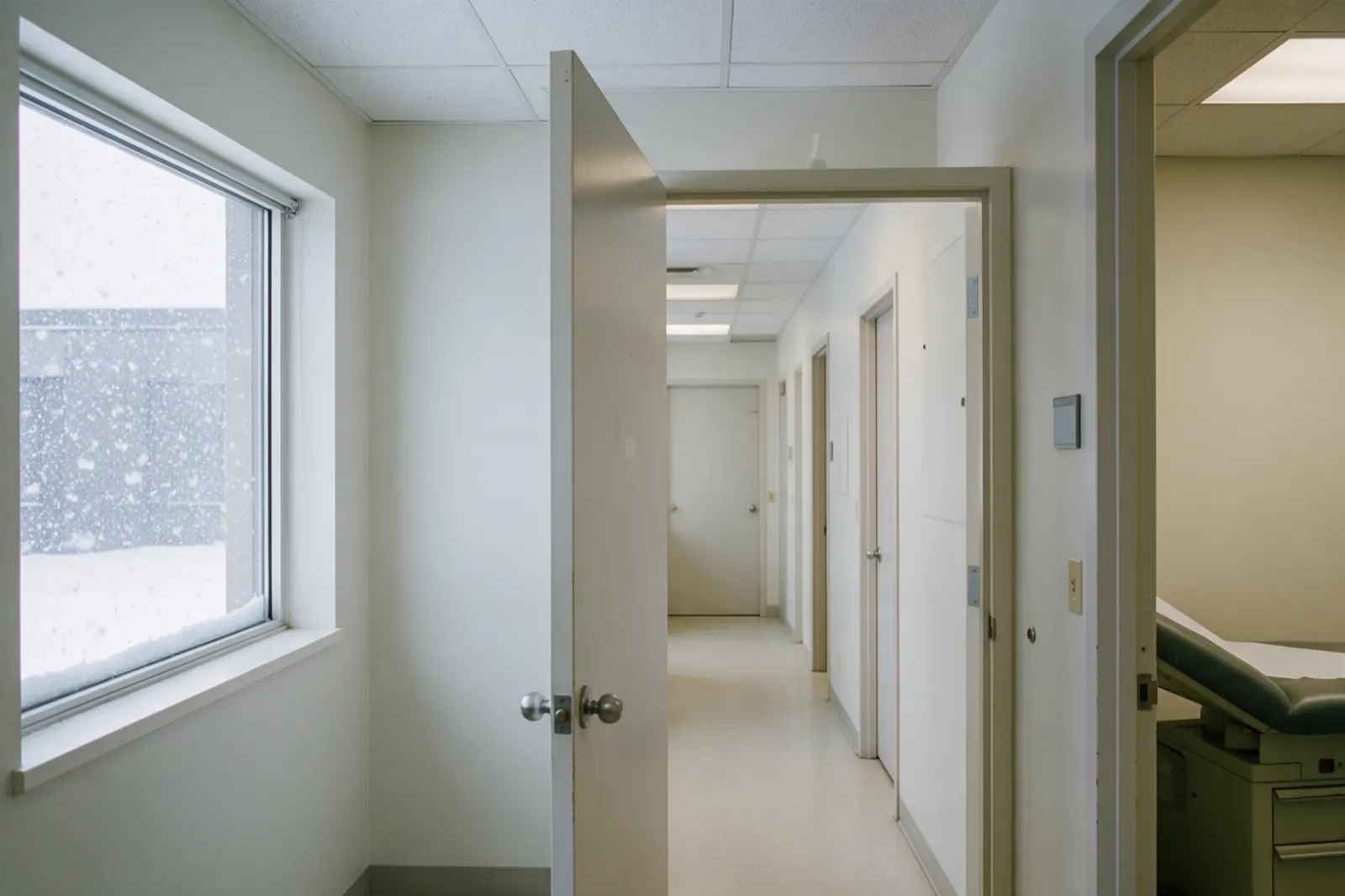 A clinic corridor stands empty, an open door showing the corner of an examination table beyond.