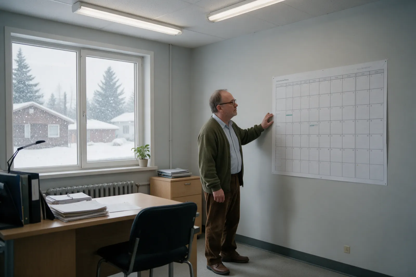 An examiner stands at a wall planner working out a date, one hand resting on the wall beside it.