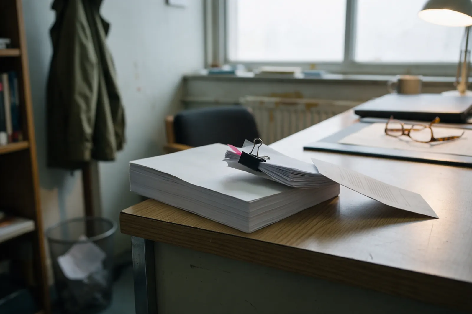 A thick bound original report lies closed on the desk, its cover plain and unmarked. A thin new sheaf — a few pages only — is being clipped to the front with a black binder....