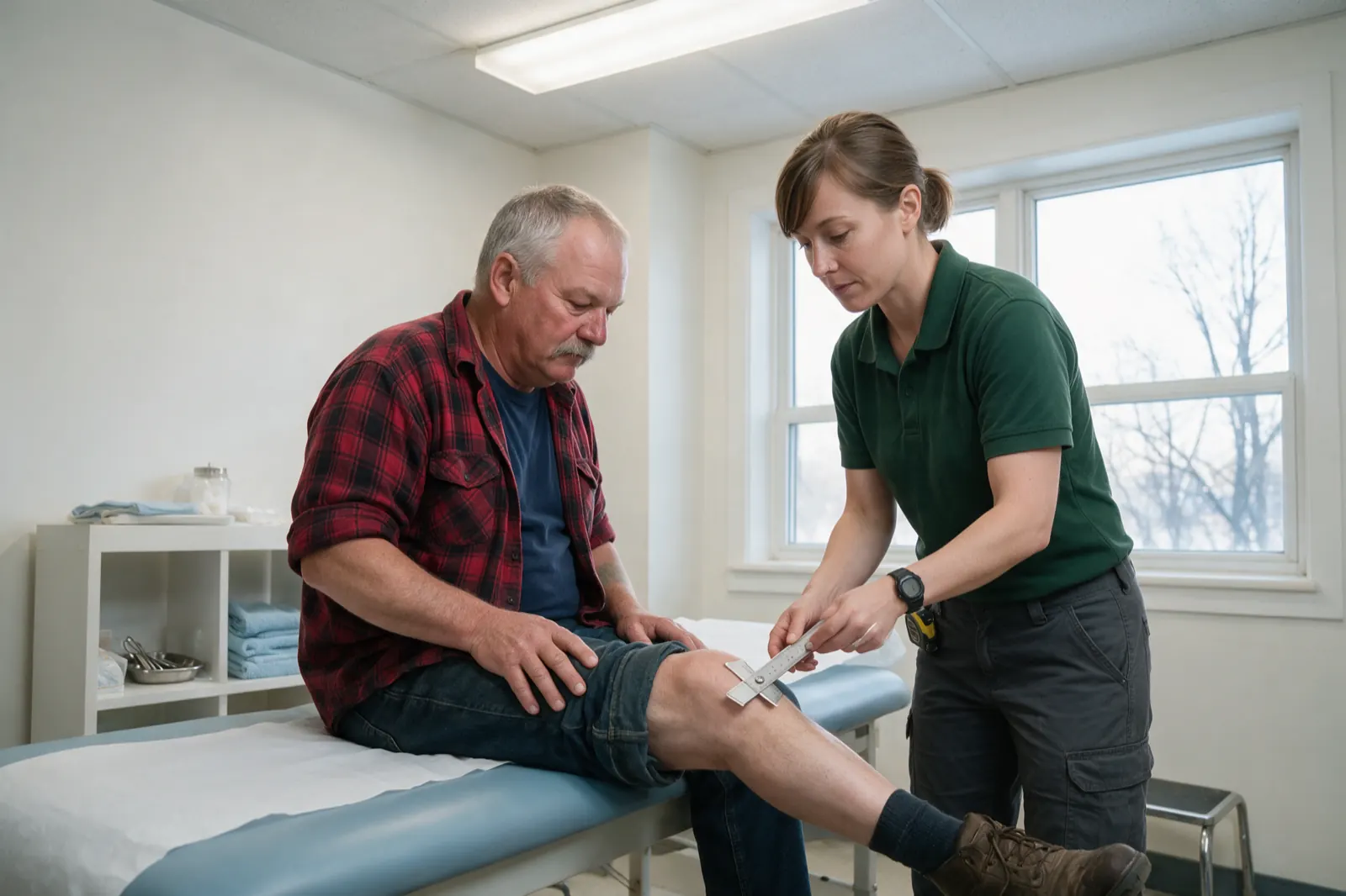 An examiner measures an examinee's knee range of movement with a metal goniometer, the examinee sitting on the edge of a pale blue vinyl examination table with a white paper roll.