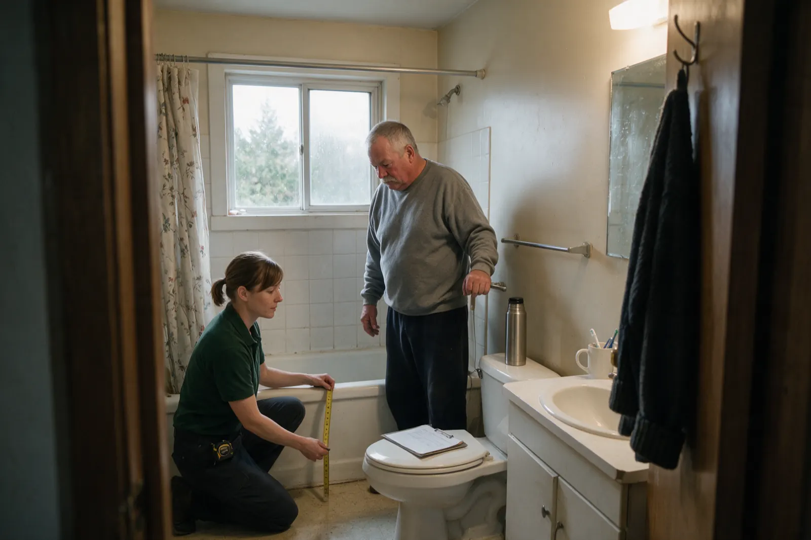 An attendant-care needs assessment in a real home, hygiene and mobility, mid-measurement. He stands in a narrow bathroom holding the towel bar with his left hand, looking down....