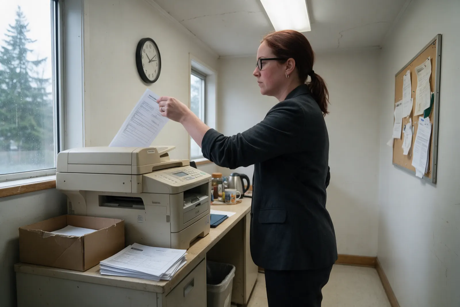An adjuster stands side-on in a copy alcove lifting a warm page from the output tray of a beige fax-and-copier, glancing from the page to a round analog wall clock above the....
