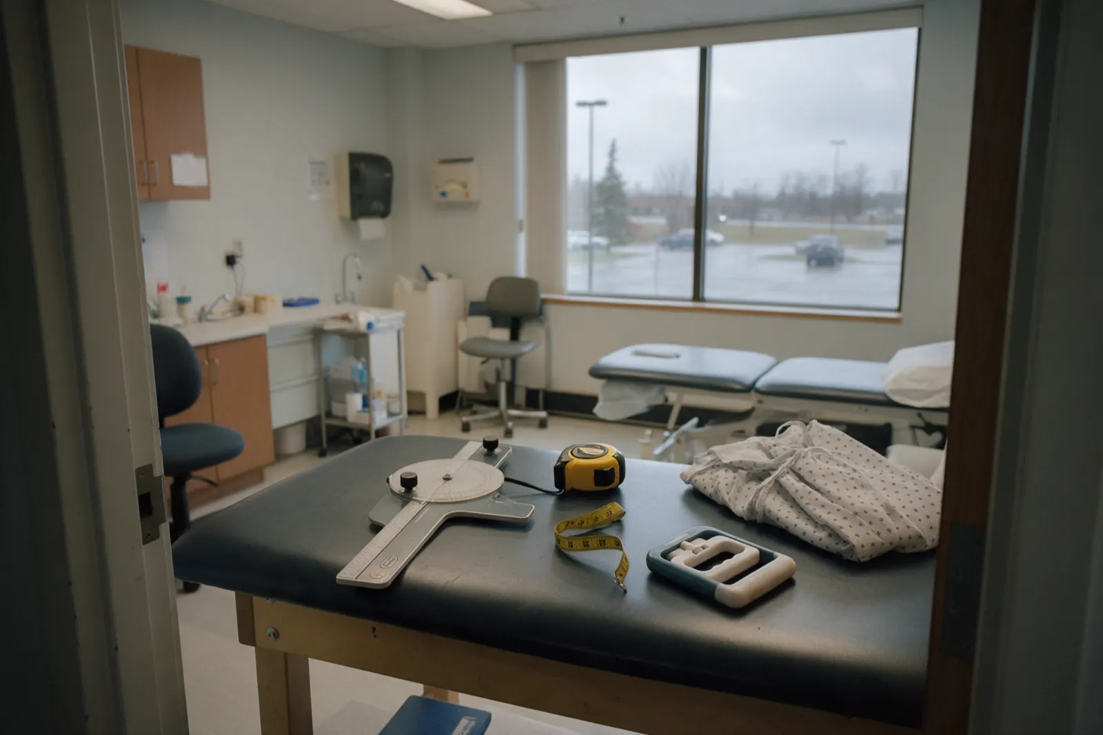 A goniometer, a tape measure and a hand dynamometer lie on a clean bench beside a folded gown.