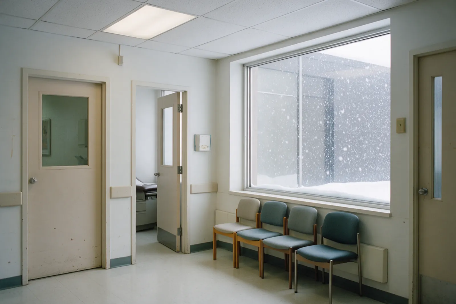 A clinic corridor stands empty, an open door showing the corner of an examination table beyond.