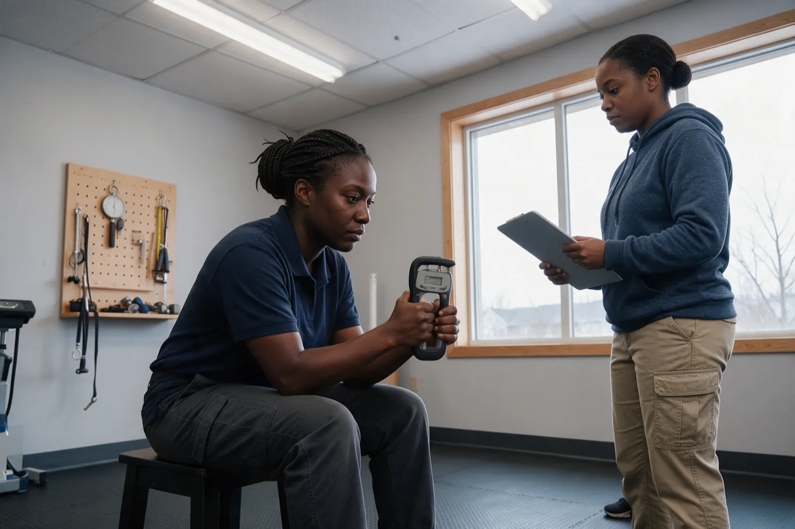 An examinee grips a hand dynamometer while an evaluator, seen from behind, notes the reading on a clipboard.