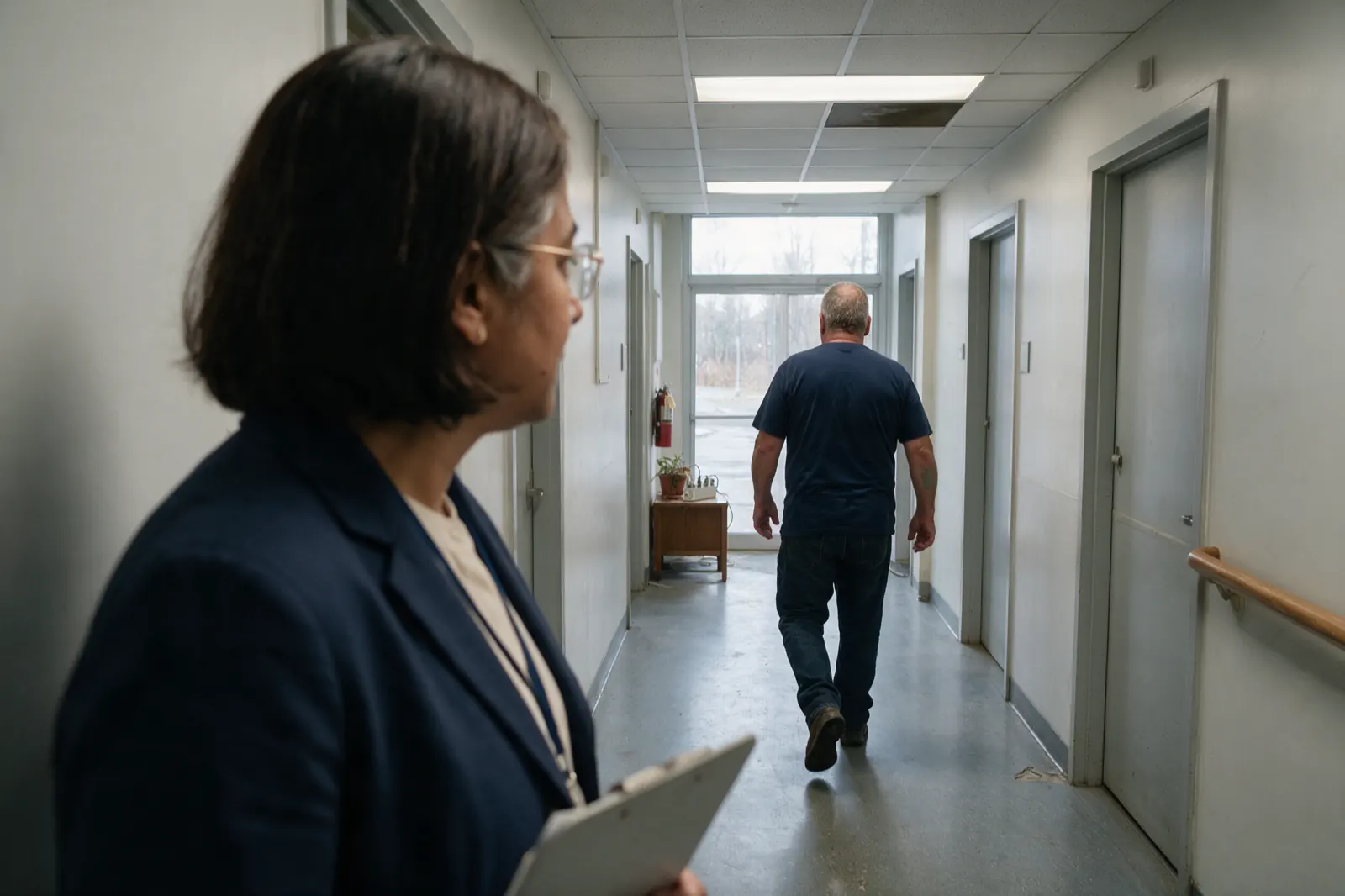 A catastrophic-impairment gait observation in a clinic corridor, mid-stride. He walks away from her down a narrow hallway, one step caught with the right foot just leaving the....
