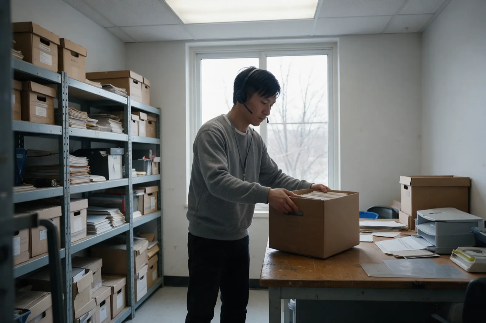 A coordinator lifts a cardboard box of files onto a table.