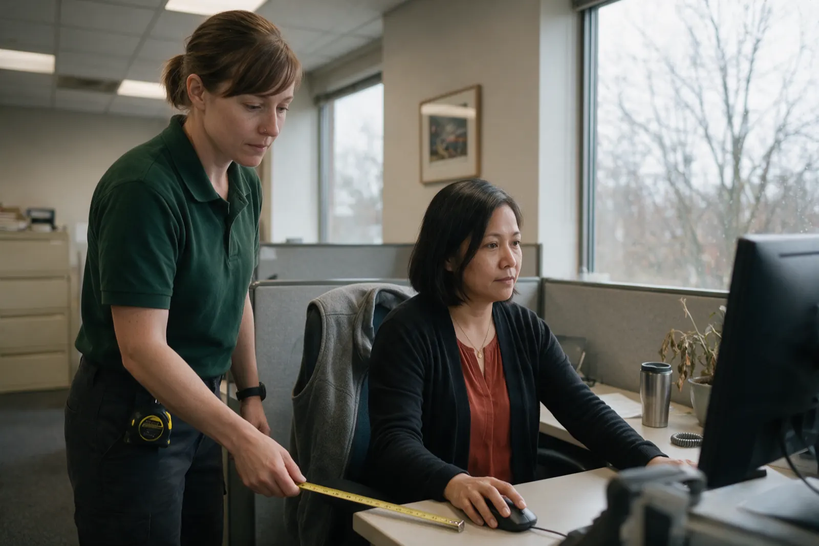 An ergonomic assessment at a real desk, mid-measurement of reach. The woman at the desk sits in her task chair in her usual working posture, right hand on a mouse, looking at a....