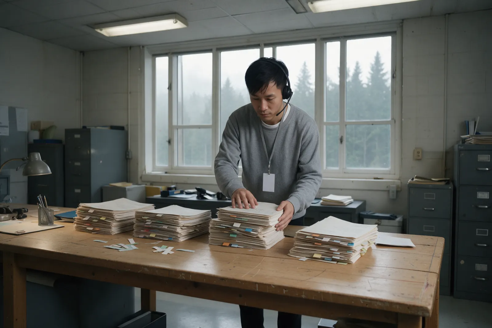 A coordinator squares up four uneven stacks of tabbed records along the edge of a long table, counting them.