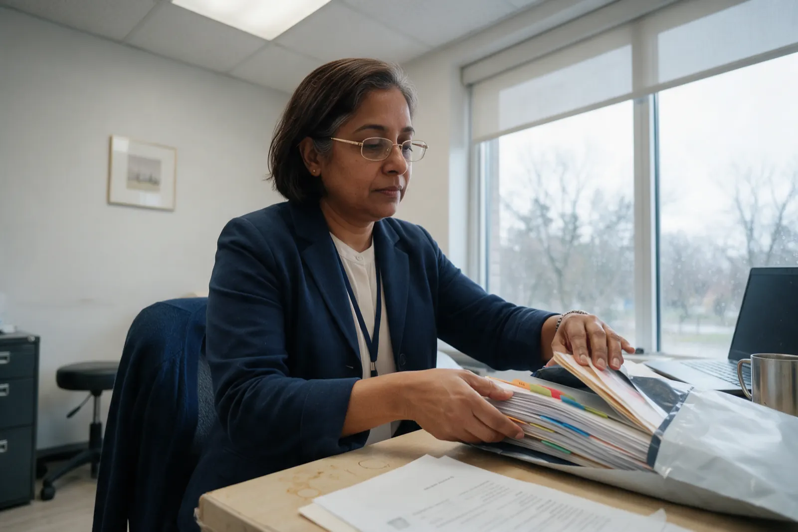 An examiner sits alone at the desk in her own consulting room sliding a thick tabbed records bundle out of a courier sleeve with both hands. A short loose sheet of instructing....