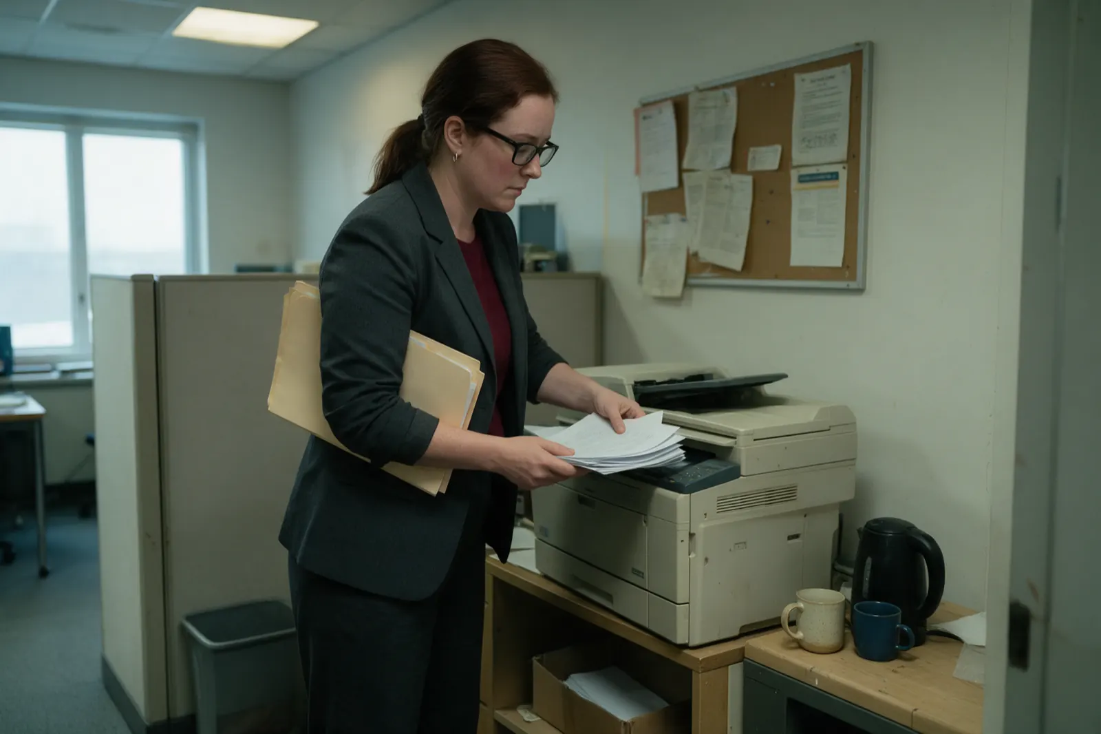 An insurance adjuster collects a printed report from an office printer, claim files under one arm.