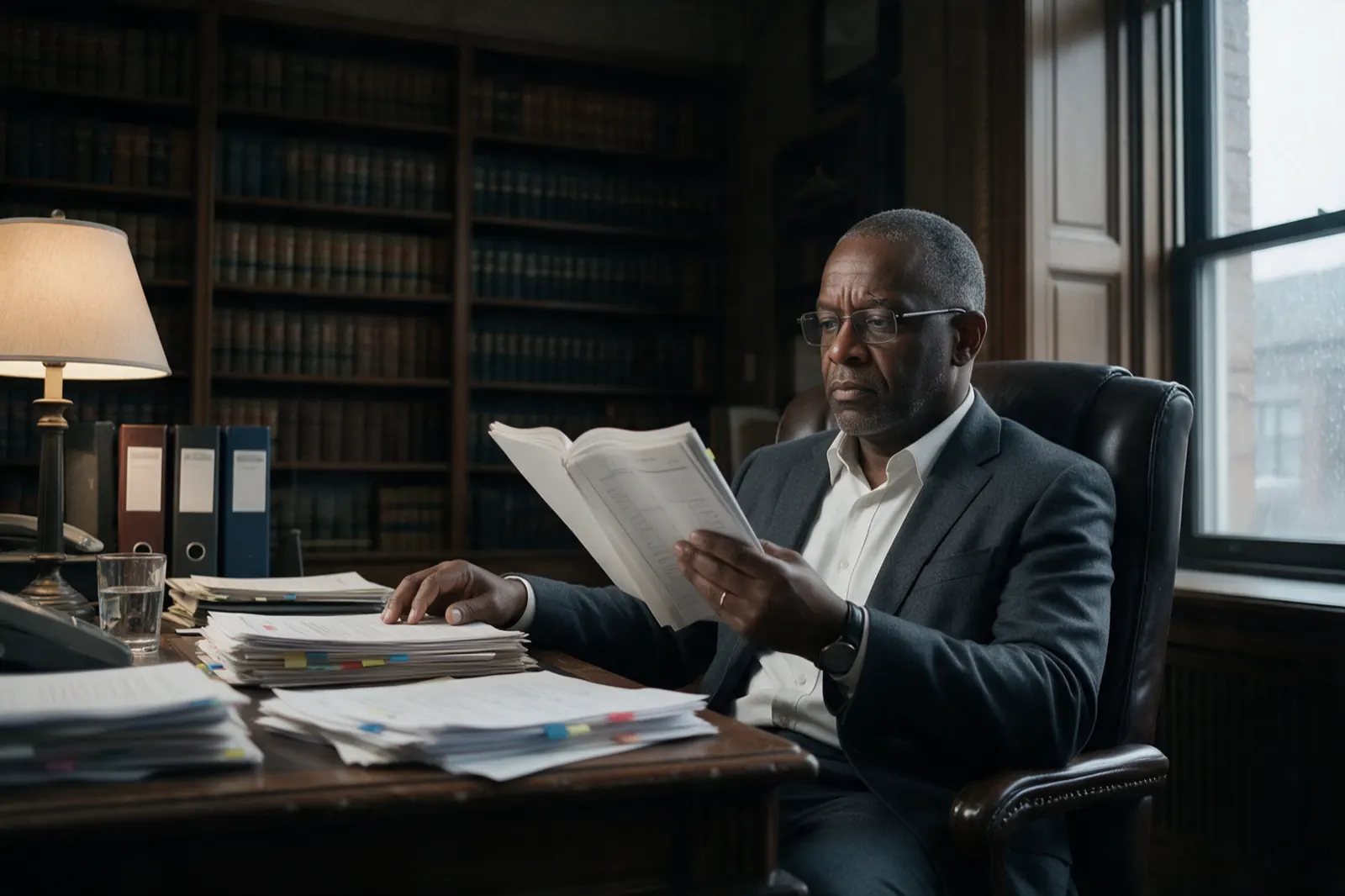 A lawyer reads through a bound assessment report at a desk stacked with tabbed case files.
