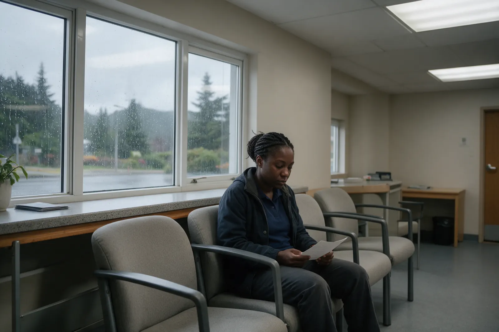 One person waits in a row of chairs, coat still on, reading a single sheet of paper.