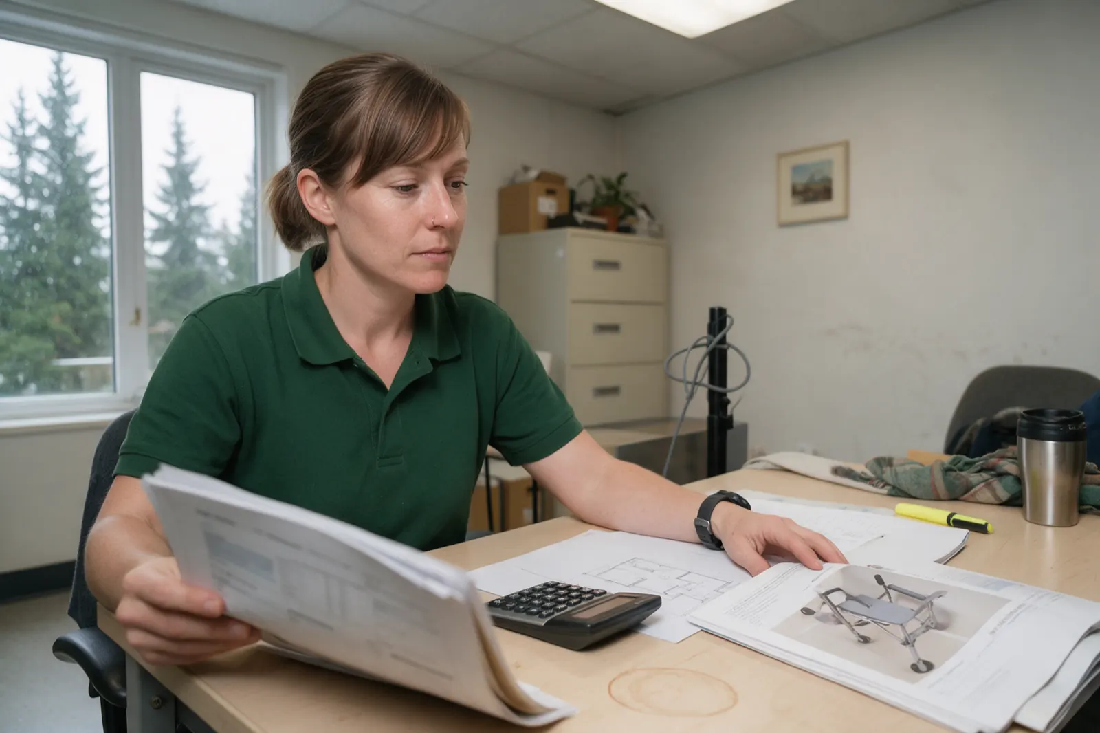 A future-care cost assessment, pricing the years of care from the record. She sits alone at a desk, left hand holding open a thick examination file at a grazing angle so no....