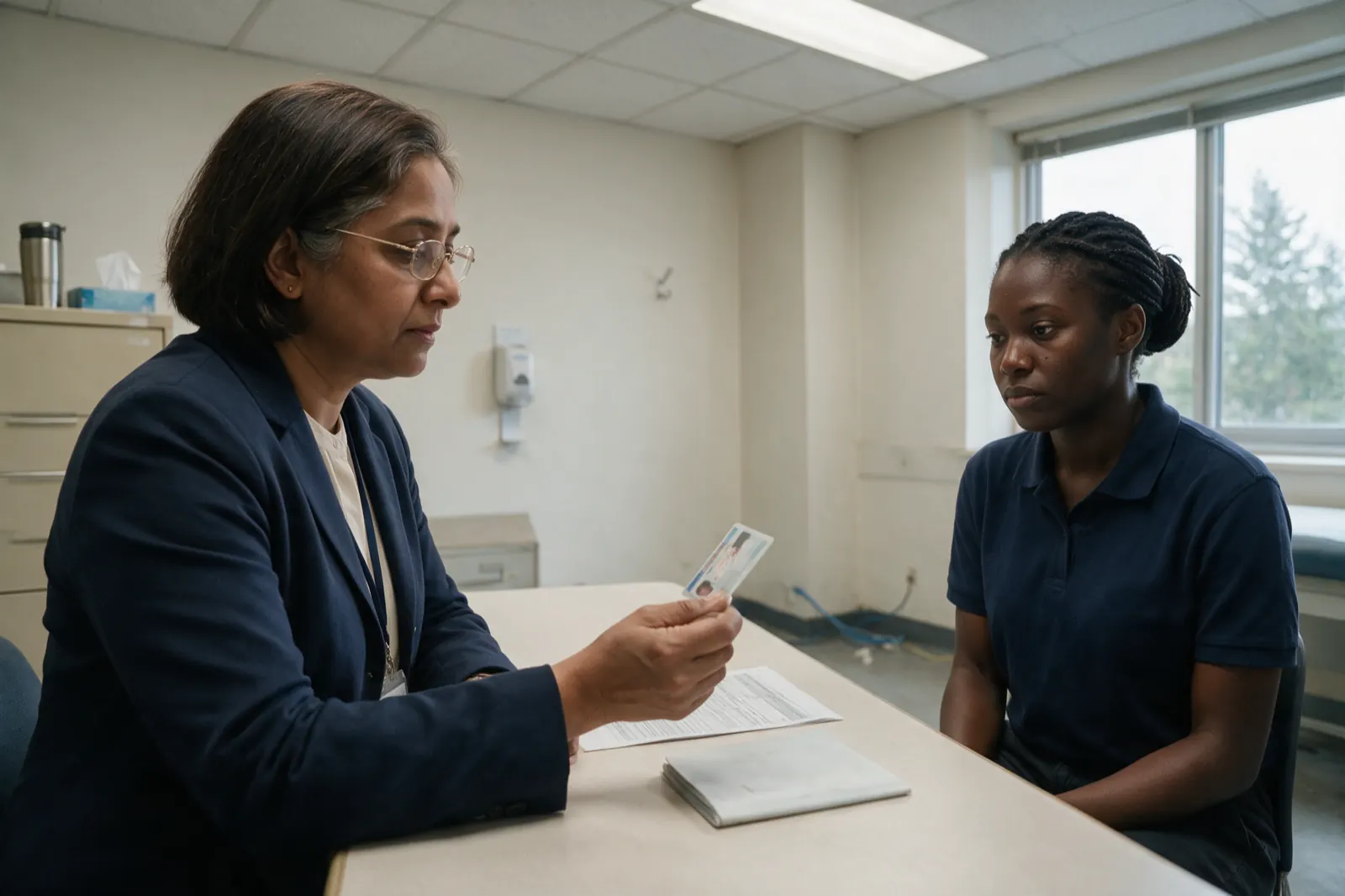 The identity-check step of an immigration medical, mid-comparison. They sit across a small laminate desk. The older woman holds a plain plastic identity card at a steep angle....