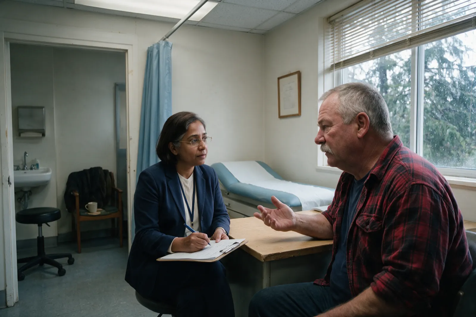 An insurer examination at the history stage, before anyone stands up. They sit at a small corner desk. She writes on a paper form on a clipboard resting on her knee, pen....