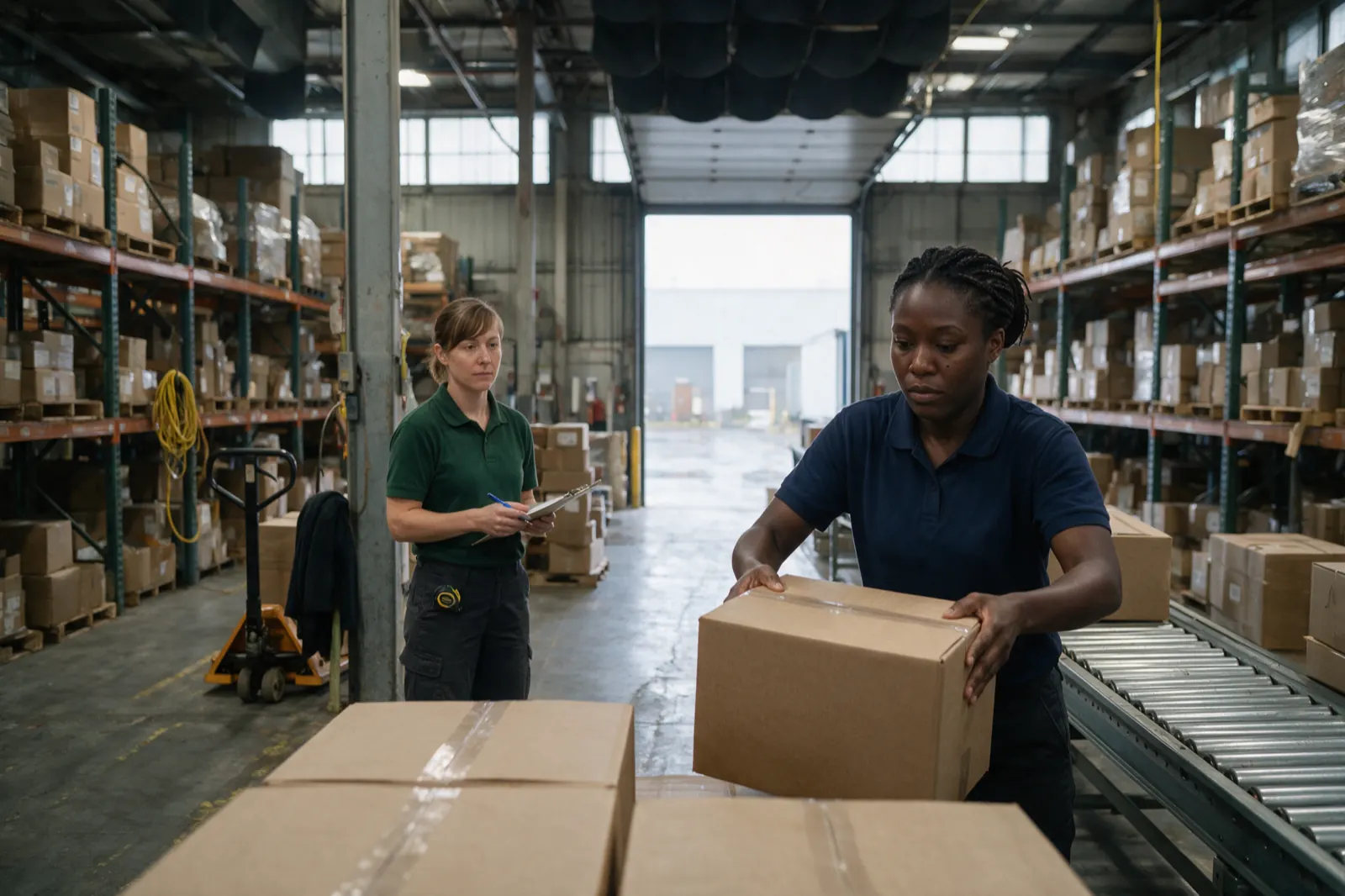 A job site assessment, the real job being watched, not measured. The woman in navy is mid-pick at a warehouse bay, lifting a sealed brown carton from a low pallet toward a....
