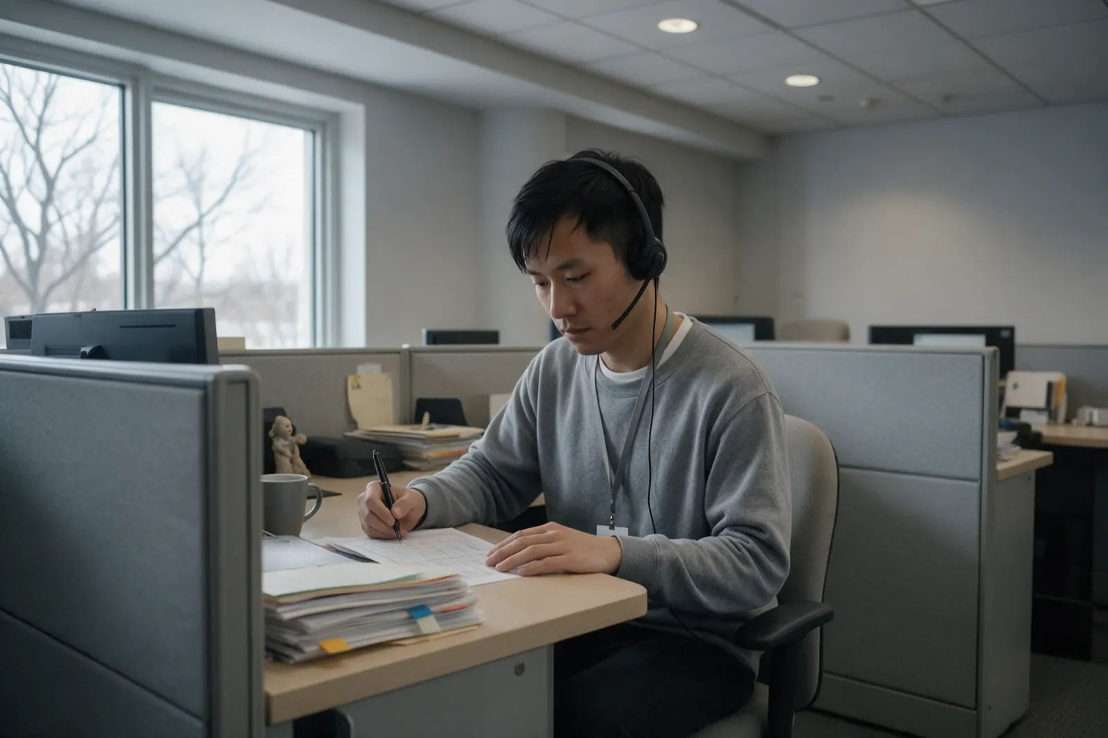 A coordinator works down a printed list with a pen, phone headset on, a stack of tabbed folders at their elbow.