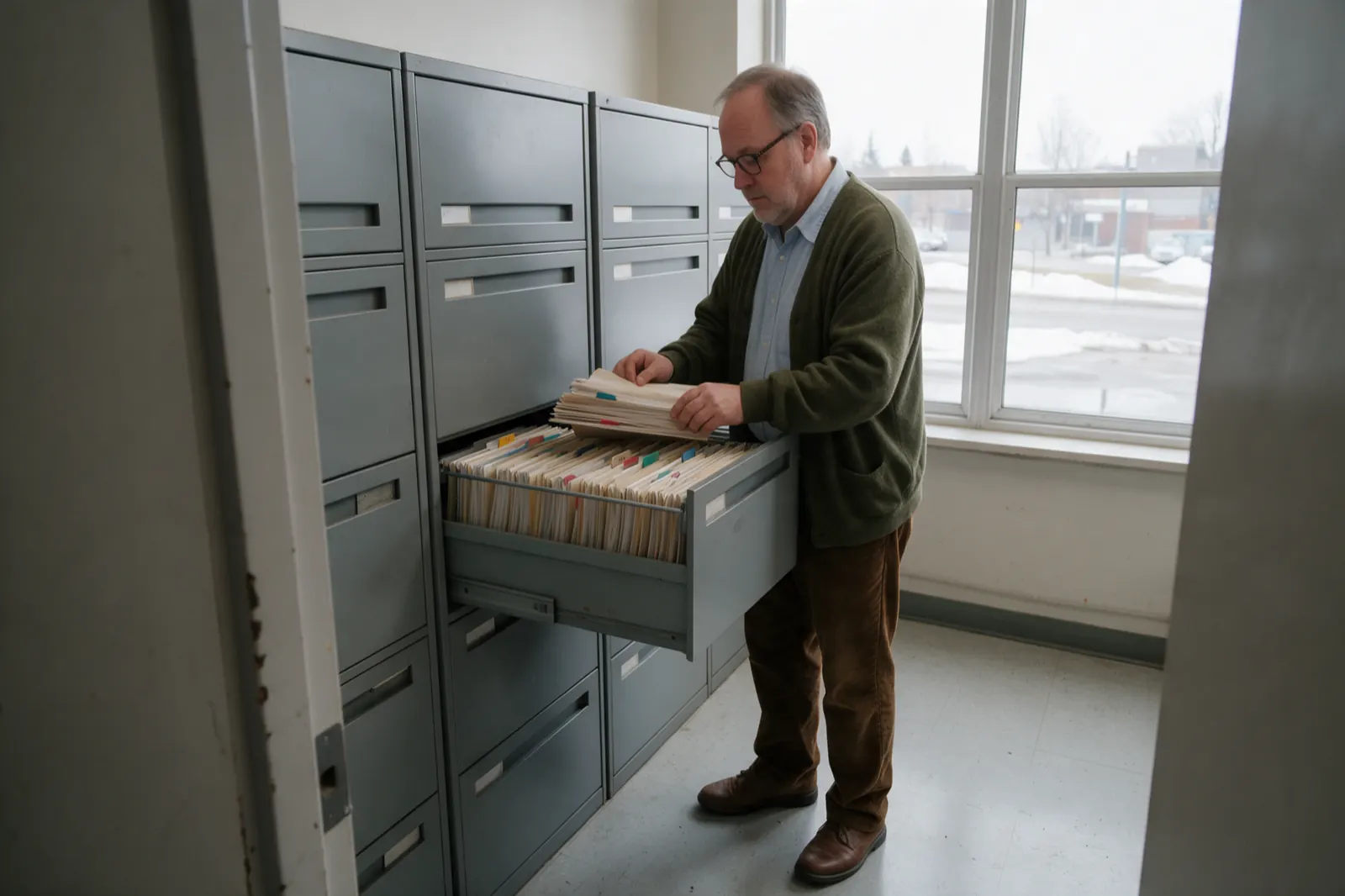 An examiner slides a thick tabbed file back into a suspension folder in an open drawer.