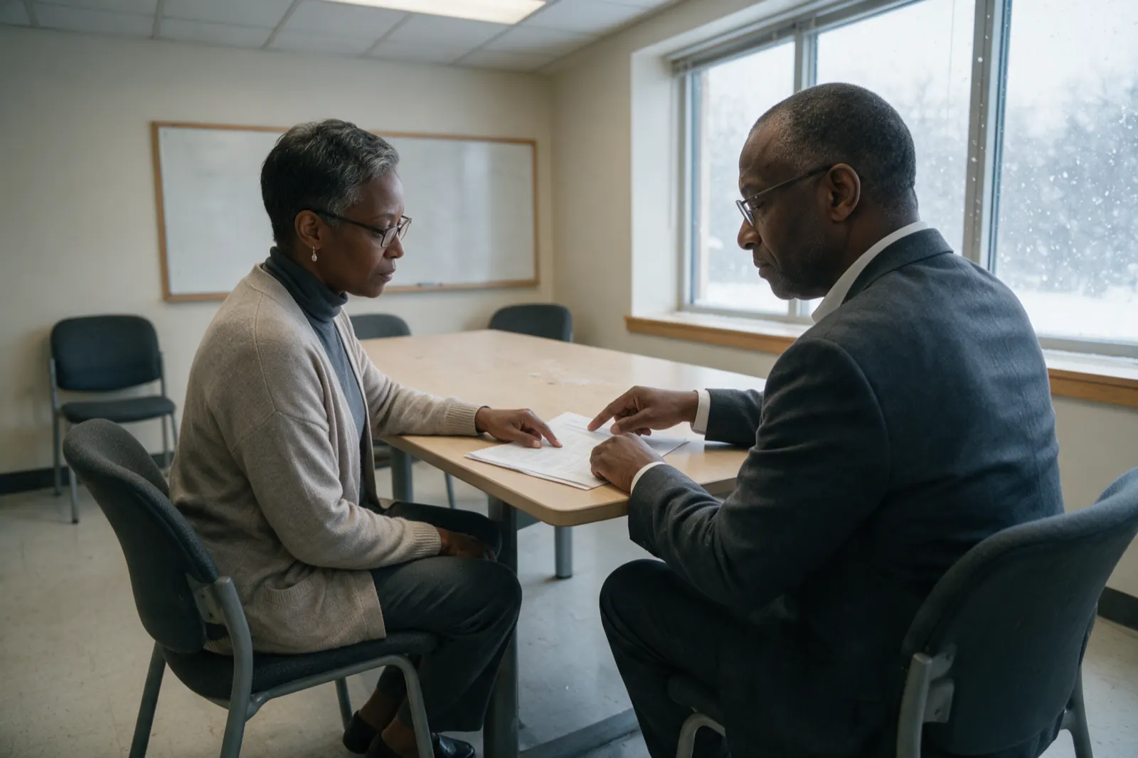 Two people sit at the corner of a meeting table going through a printed report together, one pointing at a paragraph.