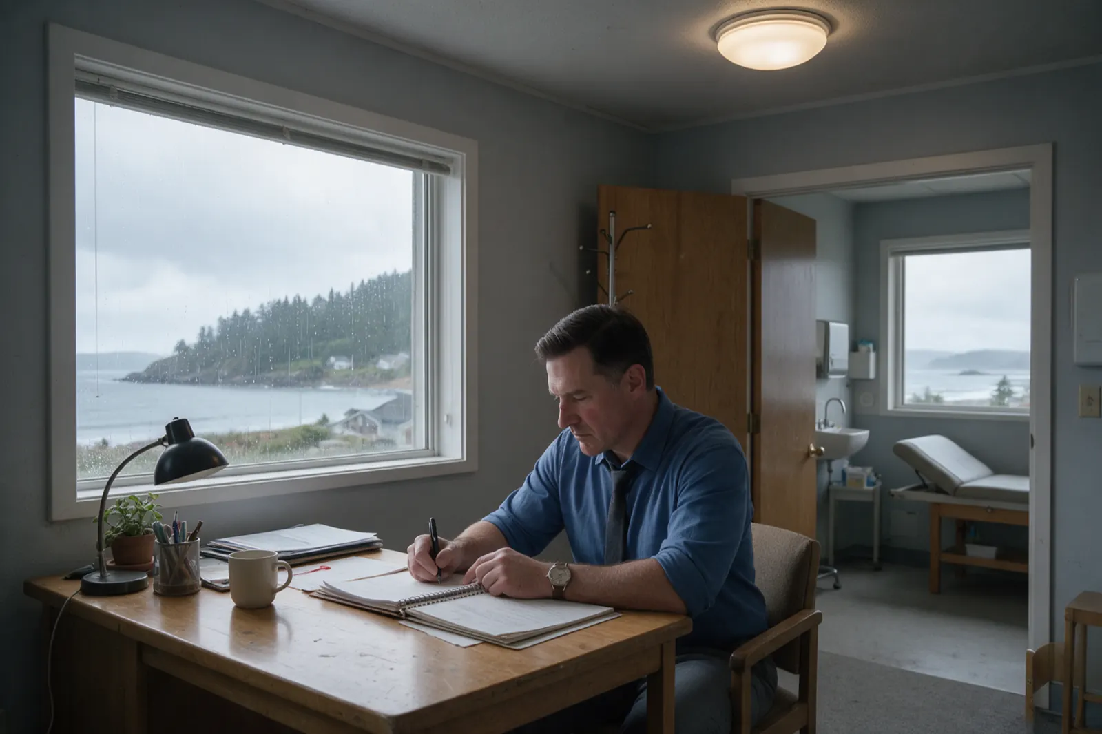 An examiner writes up findings by hand at a desk after an appointment, the examination room visible behind through an open door.