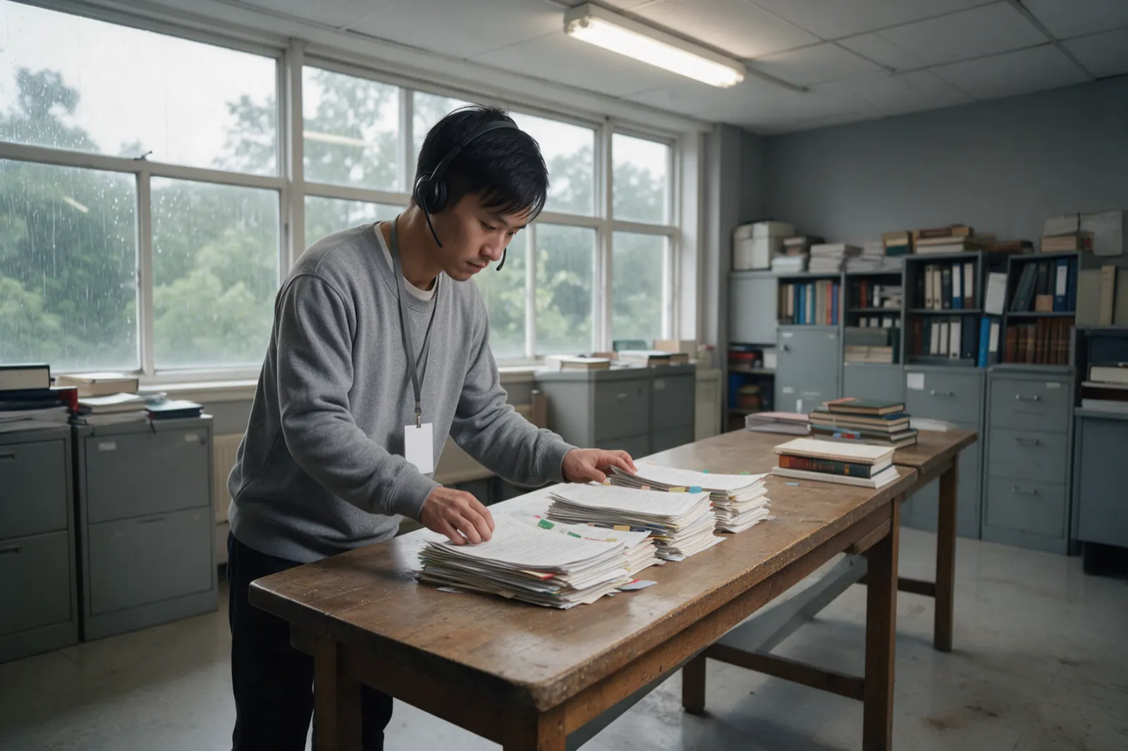 A coordinator squares up four uneven stacks of tabbed records along the edge of a long table, counting them.