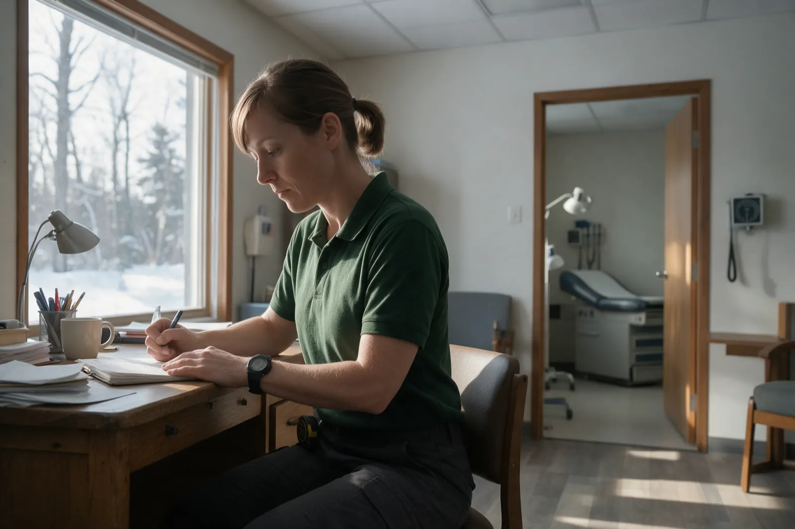 An examiner writes up findings by hand at a desk after an appointment, the examination room visible behind through an open door.