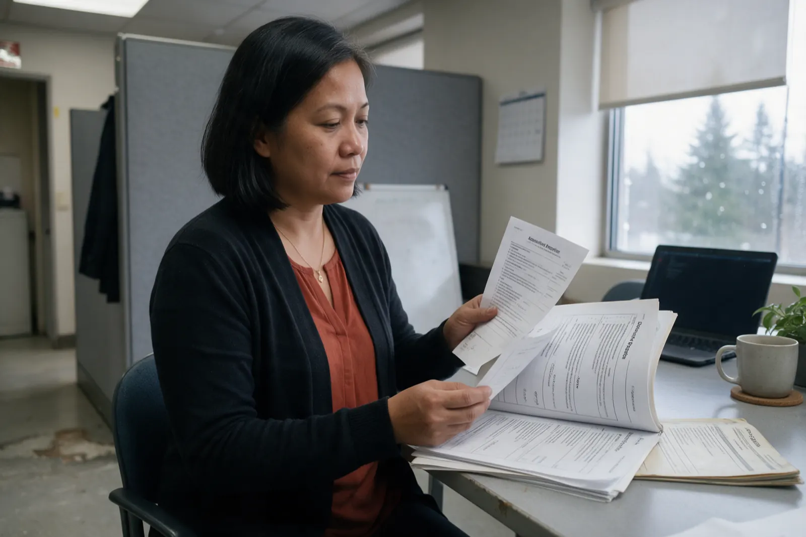 A disability manager sits alone at a small workplace table holding a stapled job-description booklet open with her left hand and an attending-physician form in her right,....