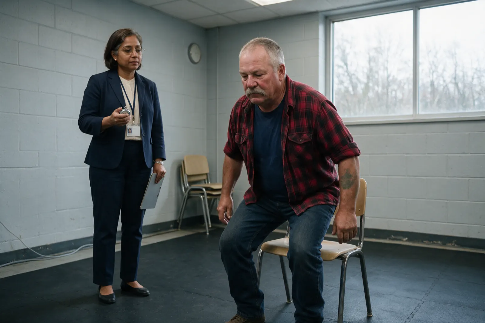 A second-opinion functional test of what he can still do and for how long. He is mid sit-to-stand from a plain armless chair in the middle of the room, thighs working, eyes....
