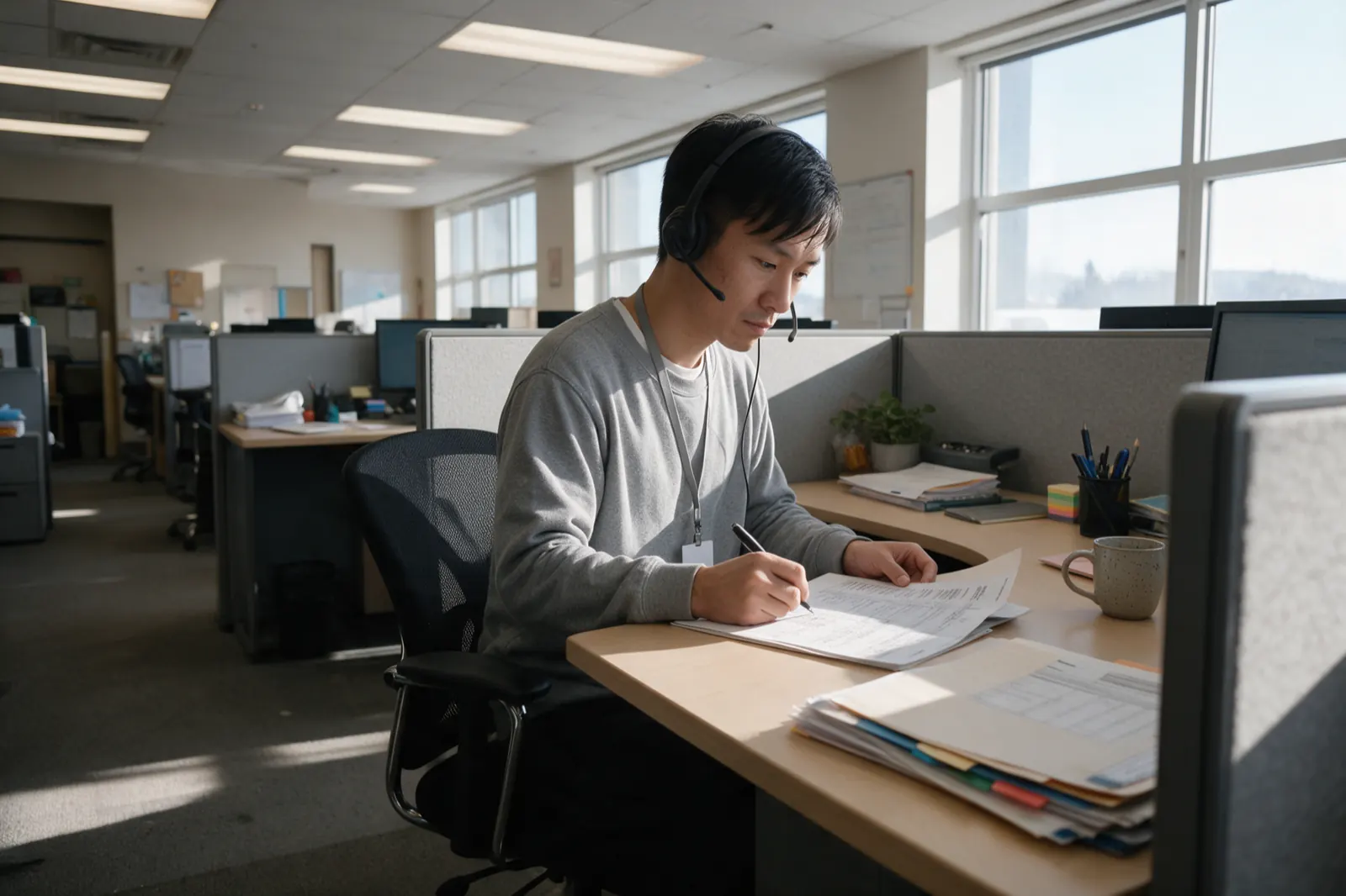 A coordinator works down a printed list with a pen, phone headset on, a stack of tabbed folders at their elbow.