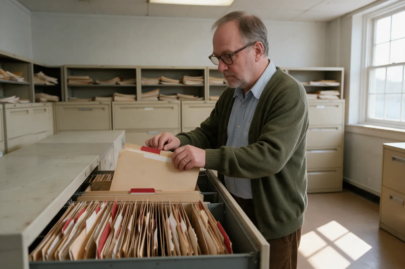 An examiner slides a thick tabbed file back into a suspension folder in an open drawer.