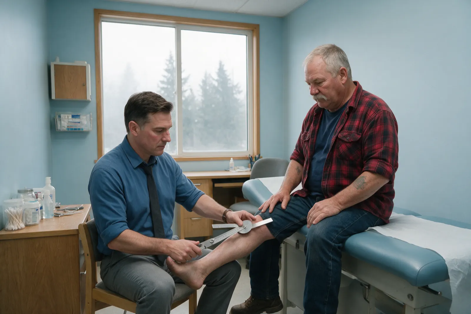 An examiner measures an examinee's knee range of movement with a metal goniometer, the examinee sitting on the edge of a pale blue vinyl examination table with a white paper roll.