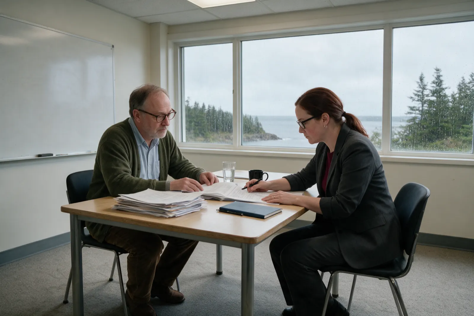 Two people sit at the corner of a meeting table going through a printed report together, one pointing at a paragraph.