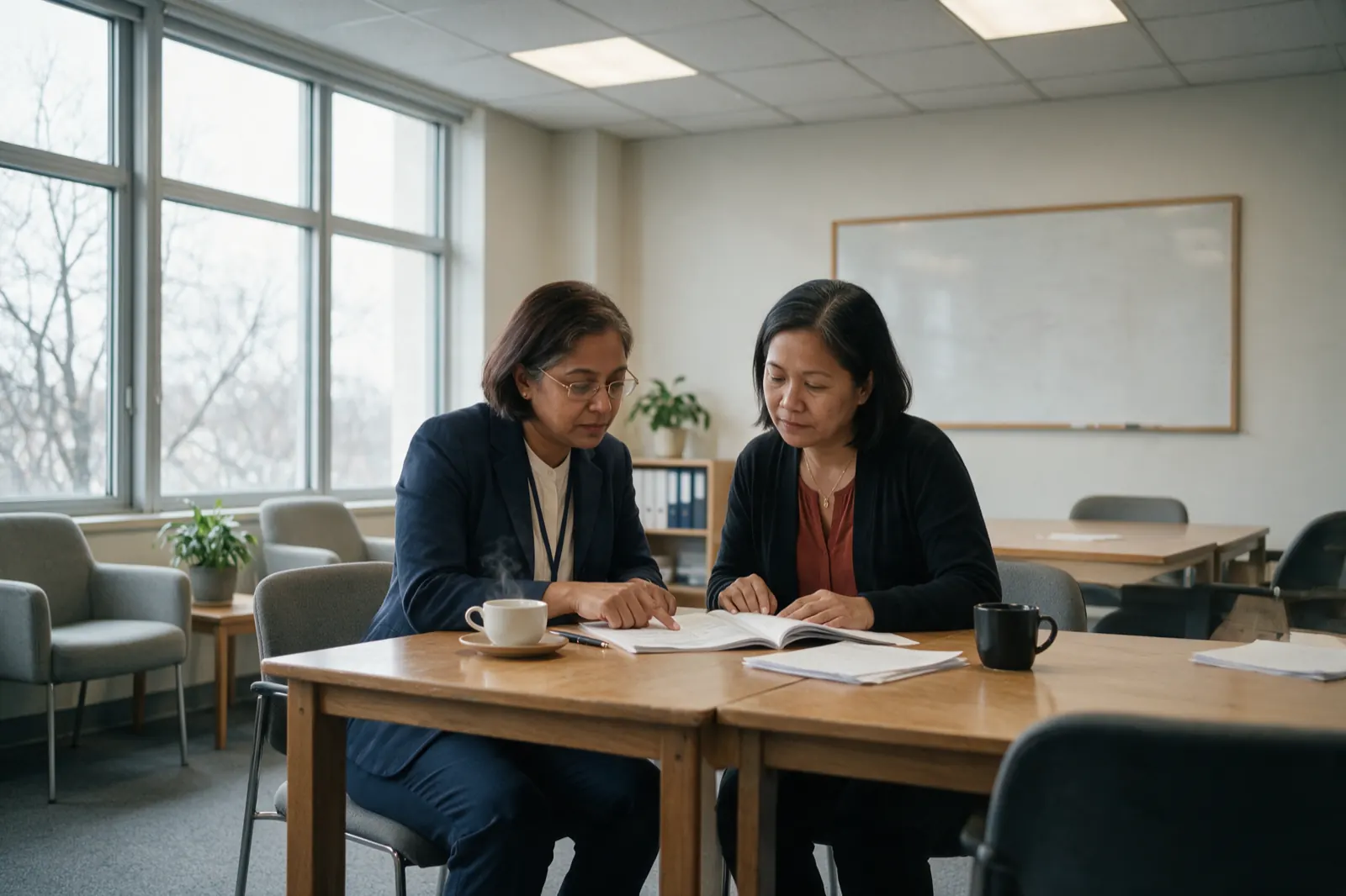 Two people sit at the corner of a meeting table going through a printed report together, one pointing at a paragraph.