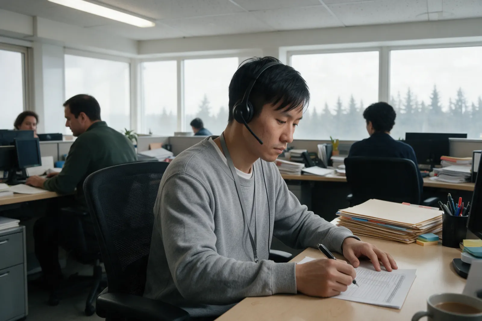 A coordinator works down a printed list with a pen, phone headset on, a stack of tabbed folders at their elbow.