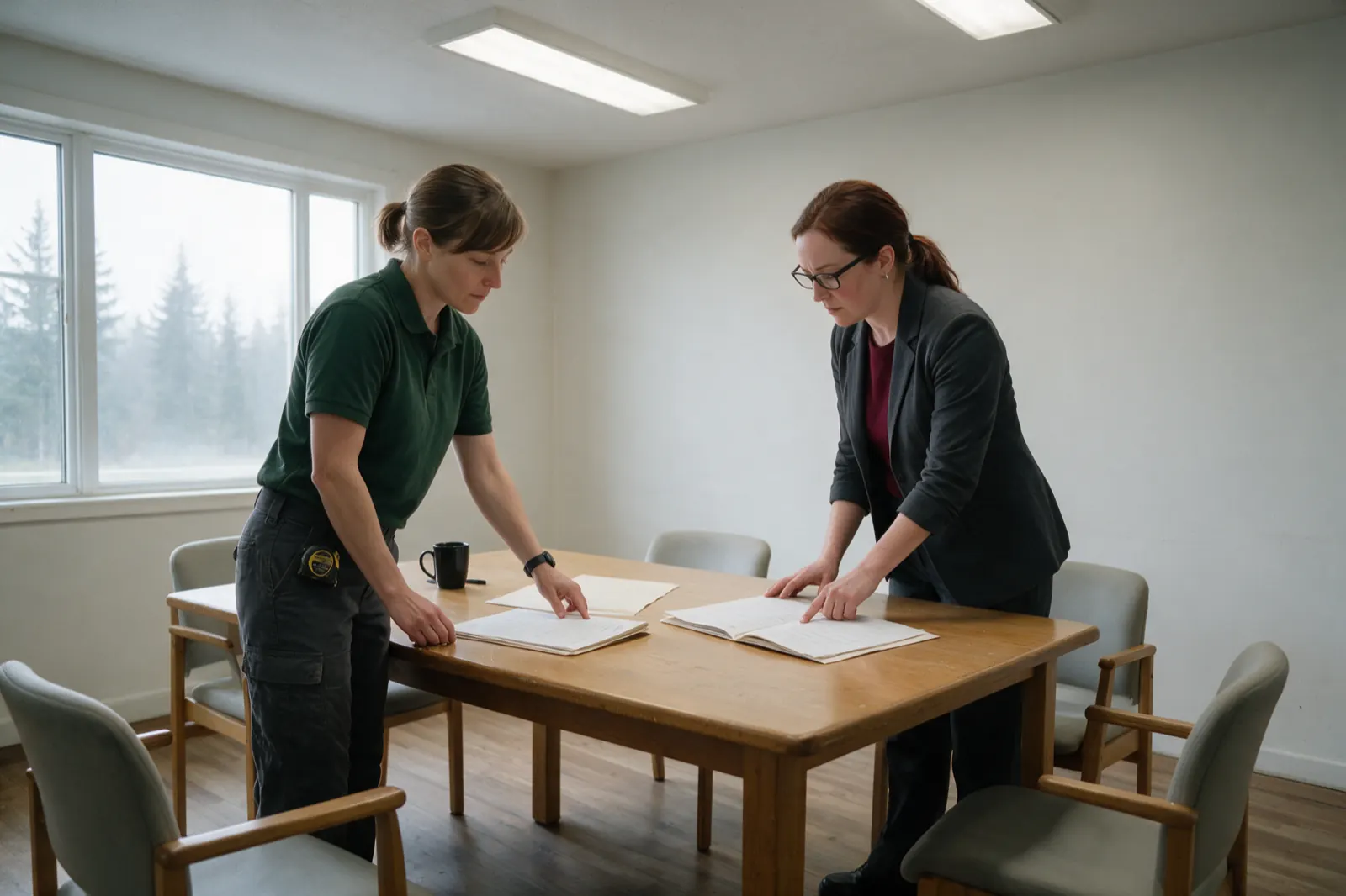 Two people stand on either side of a table comparing two open files laid side by side.