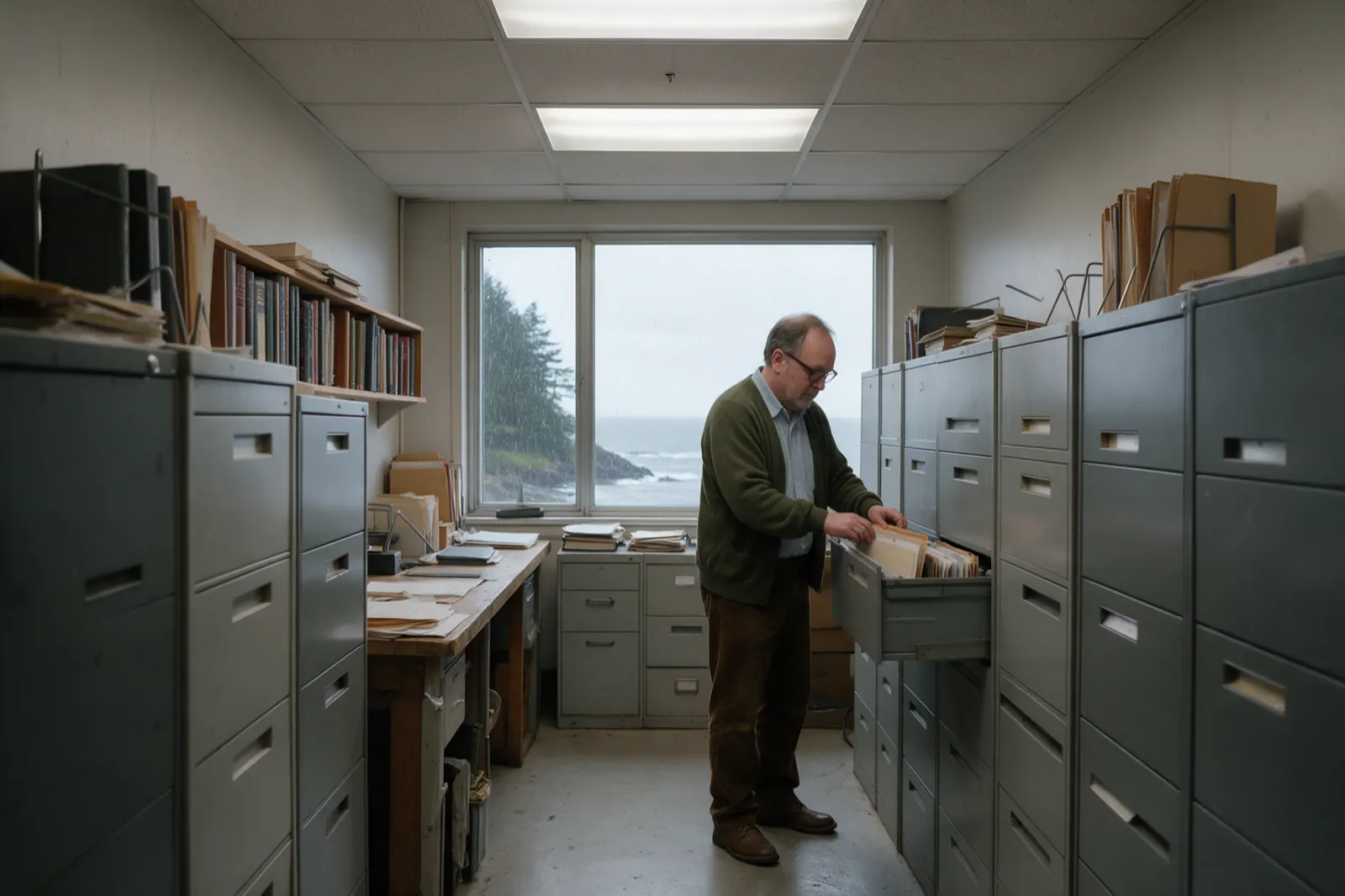 An examiner slides a thick tabbed file back into a suspension folder in an open drawer.