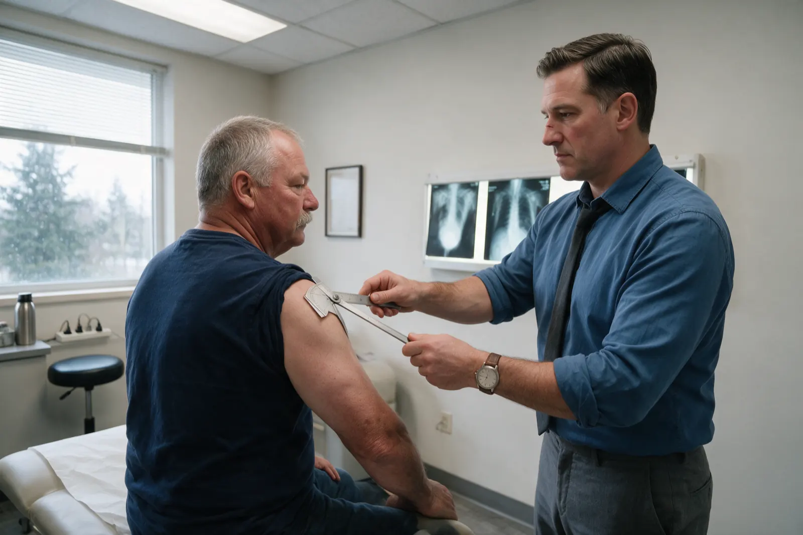 An orthopaedic independent examination of the injured shoulder, mid-measurement of joint range. The man on the table sits in profile, right arm raised out to the side. The....