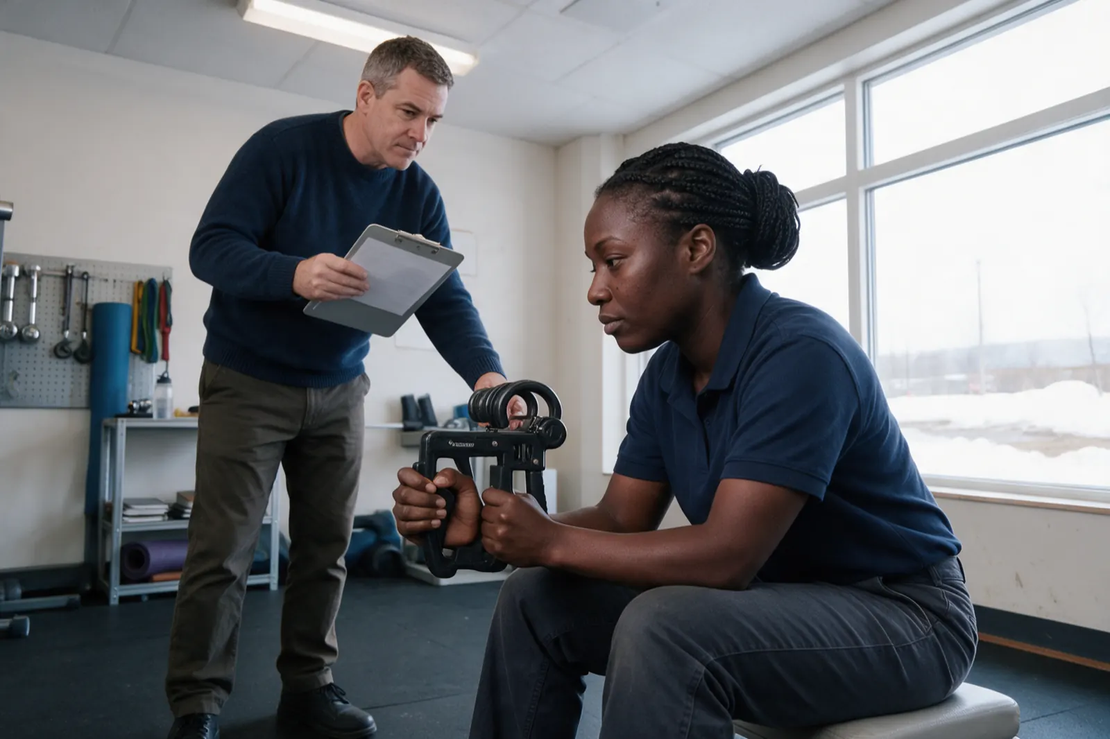 An examinee grips a hand dynamometer while an evaluator, seen from behind, notes the reading on a clipboard.