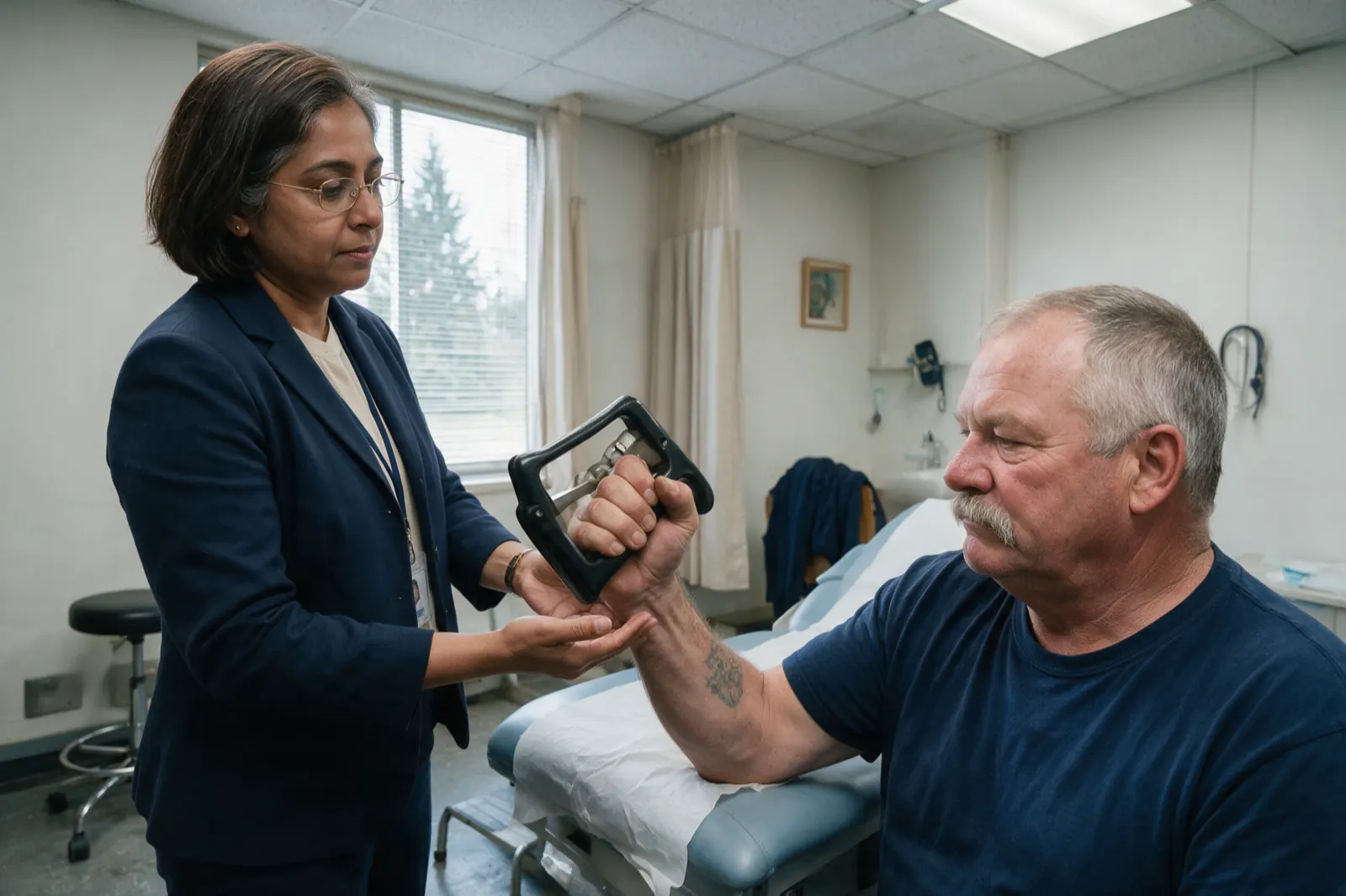 A physiatry examination measuring remaining function, mid-grip. He sits on the edge of a pale blue vinyl examination table squeezing a hydraulic hand dynamometer in his right....