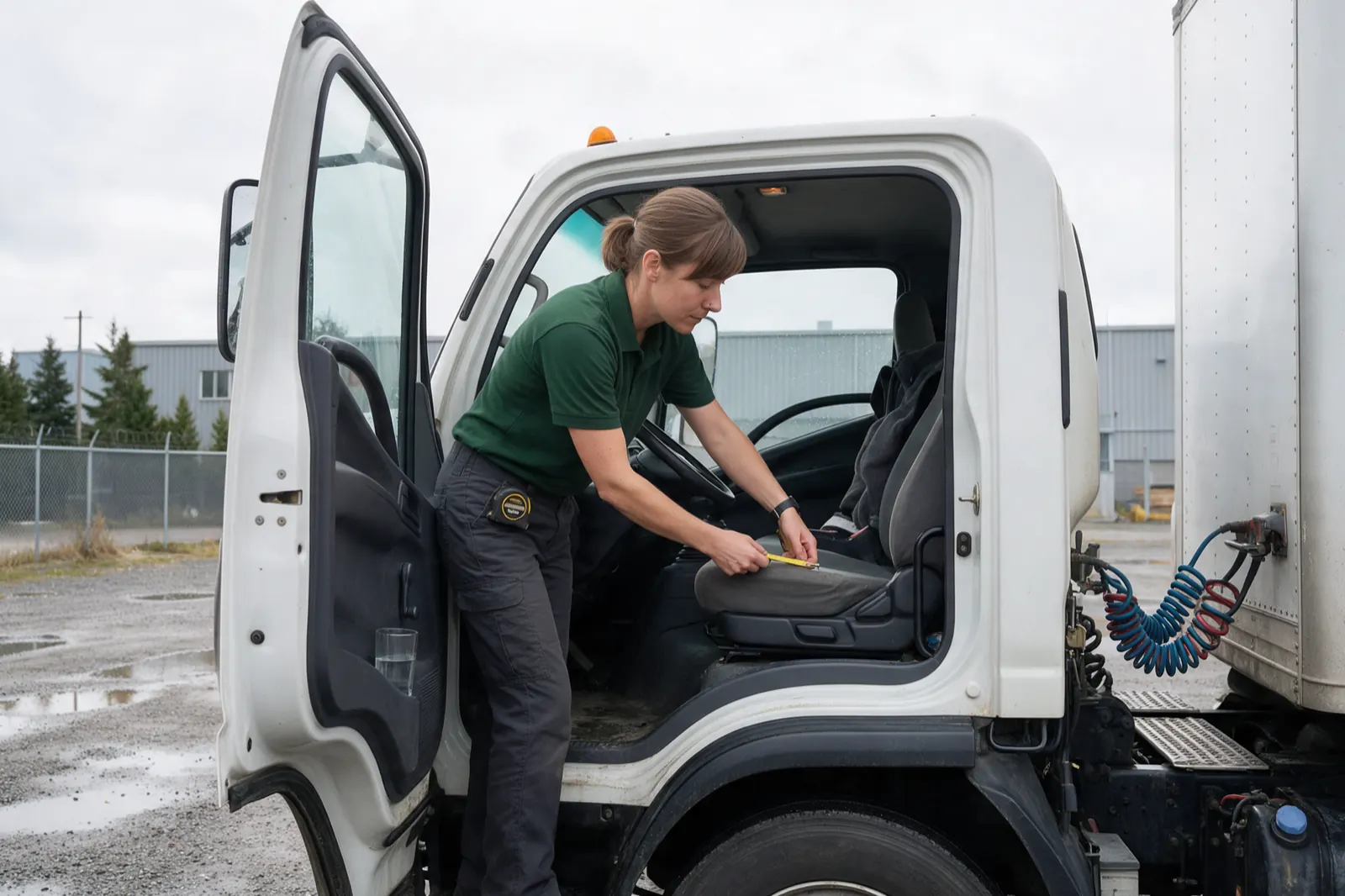 A physical demands analysis measured at the actual workstation of a commercial truck, mid-measurement. She stands on the wet running board of a parked day-cab, body half inside....