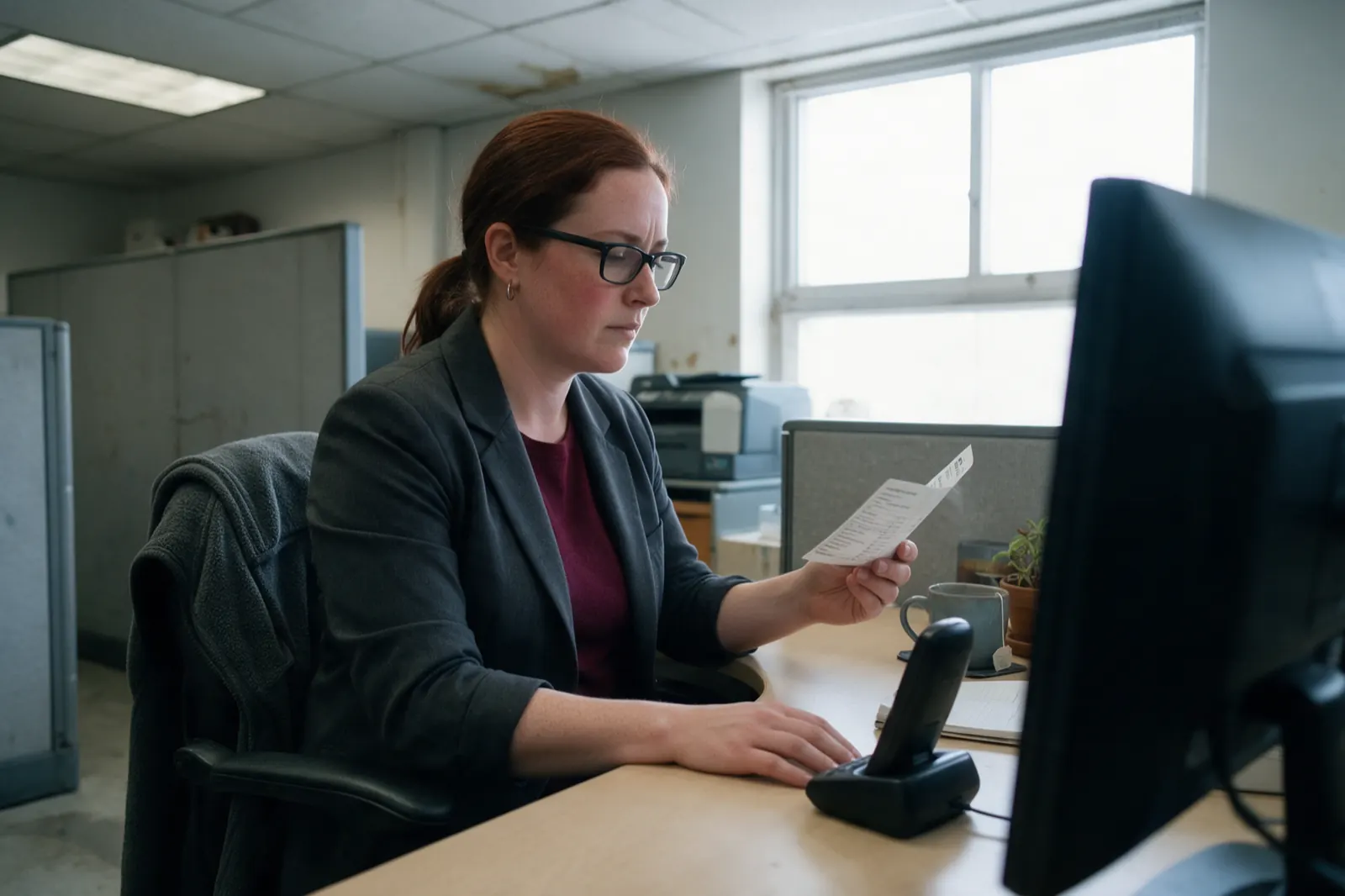 An adjuster sits at her cubicle desk in three-quarter profile, reading a short printed status sheet held in her left hand, her right hand flat on the desk and not touching the....