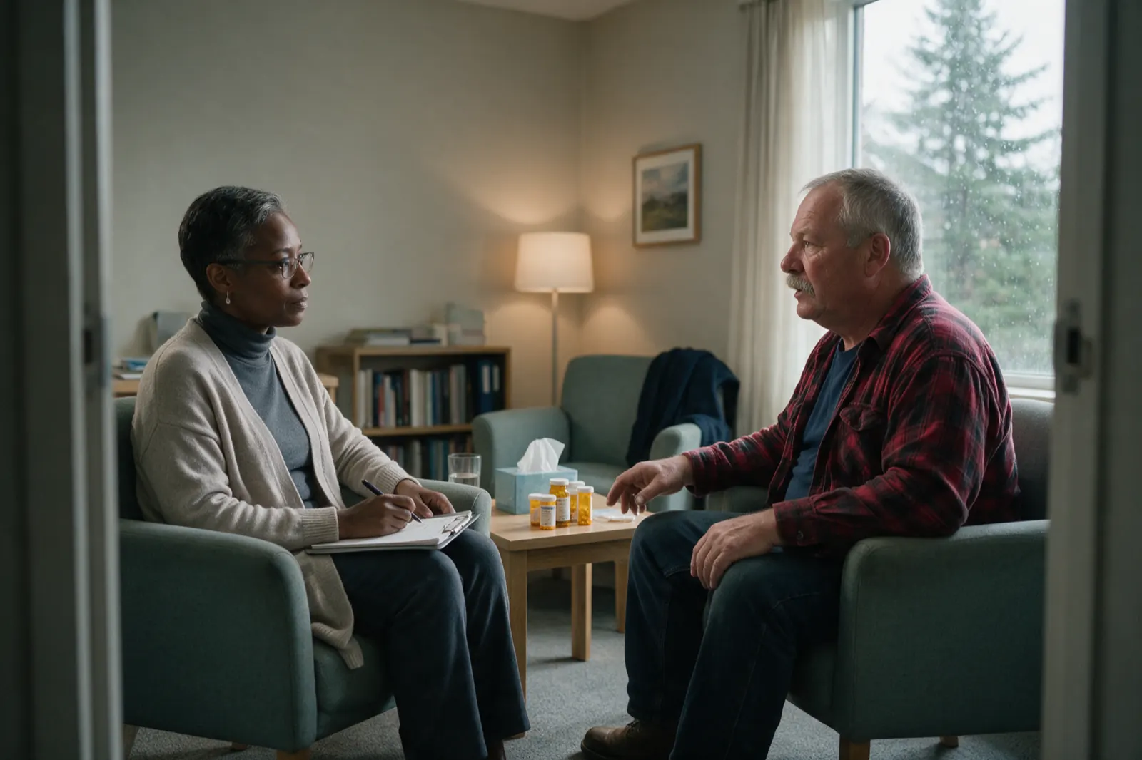 A psychiatric assessment interview about diagnosis, medication, and work capacity. They sit in two upholstered chairs set at an angle with no desk between them. He is....