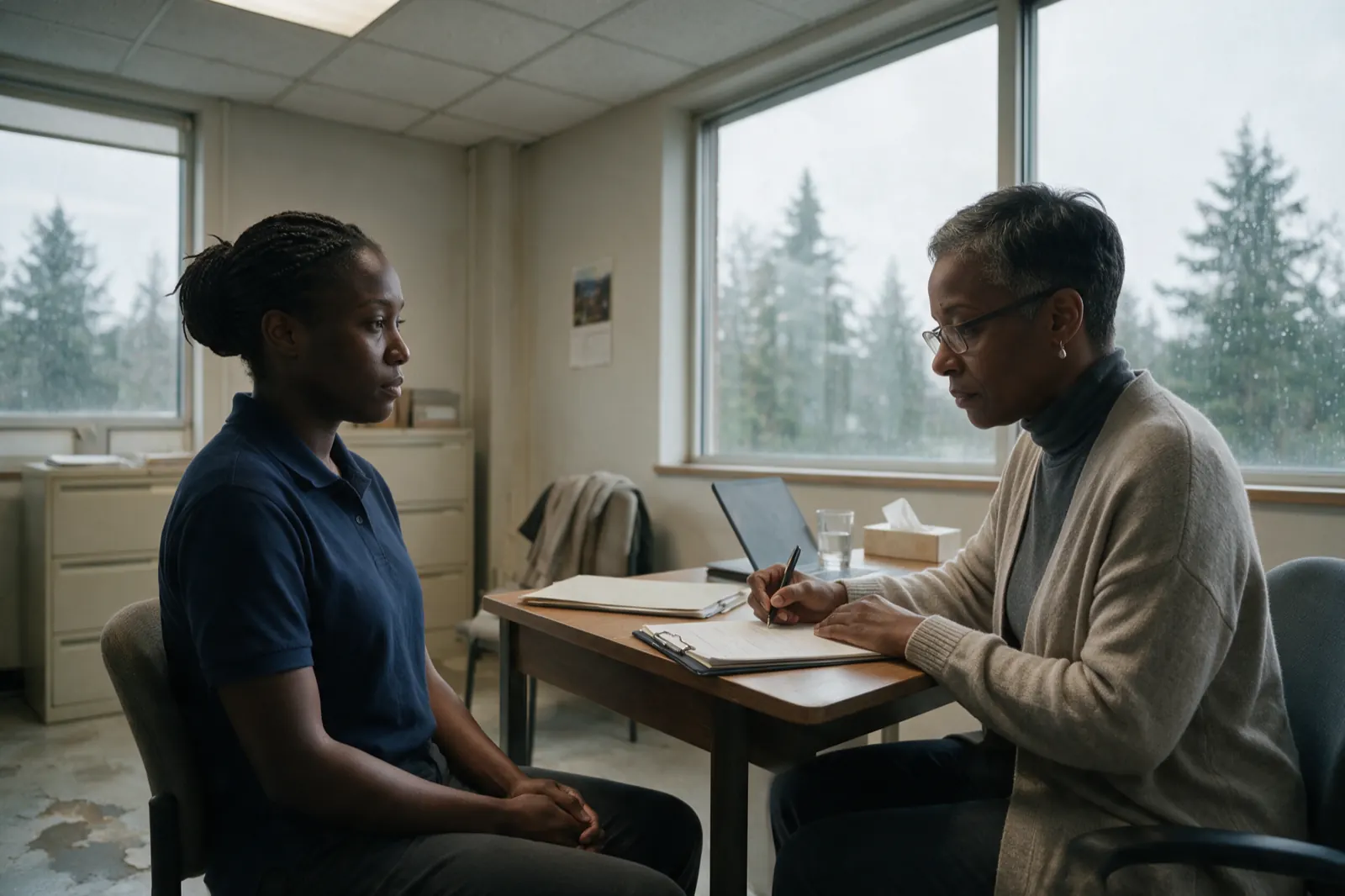 A psychiatry independent medical examination across a desk, the thin file already open. The younger woman sits opposite, hands in her lap, looking at a point on the desktop,....