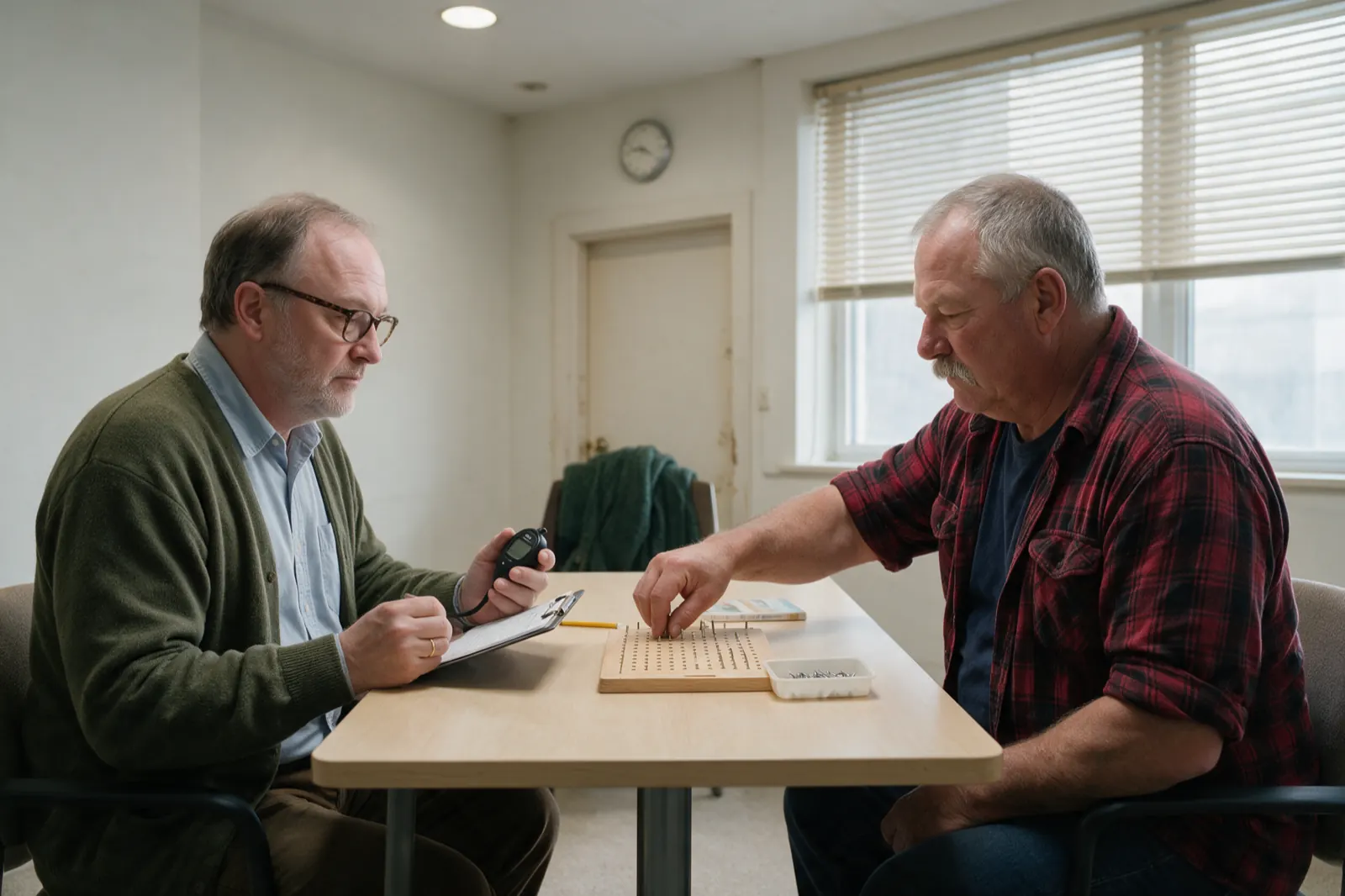 A psychology independent medical examination with a timed instrument, not an interview. The other man sits at a plain table placing small metal pegs into a grooved pegboard....