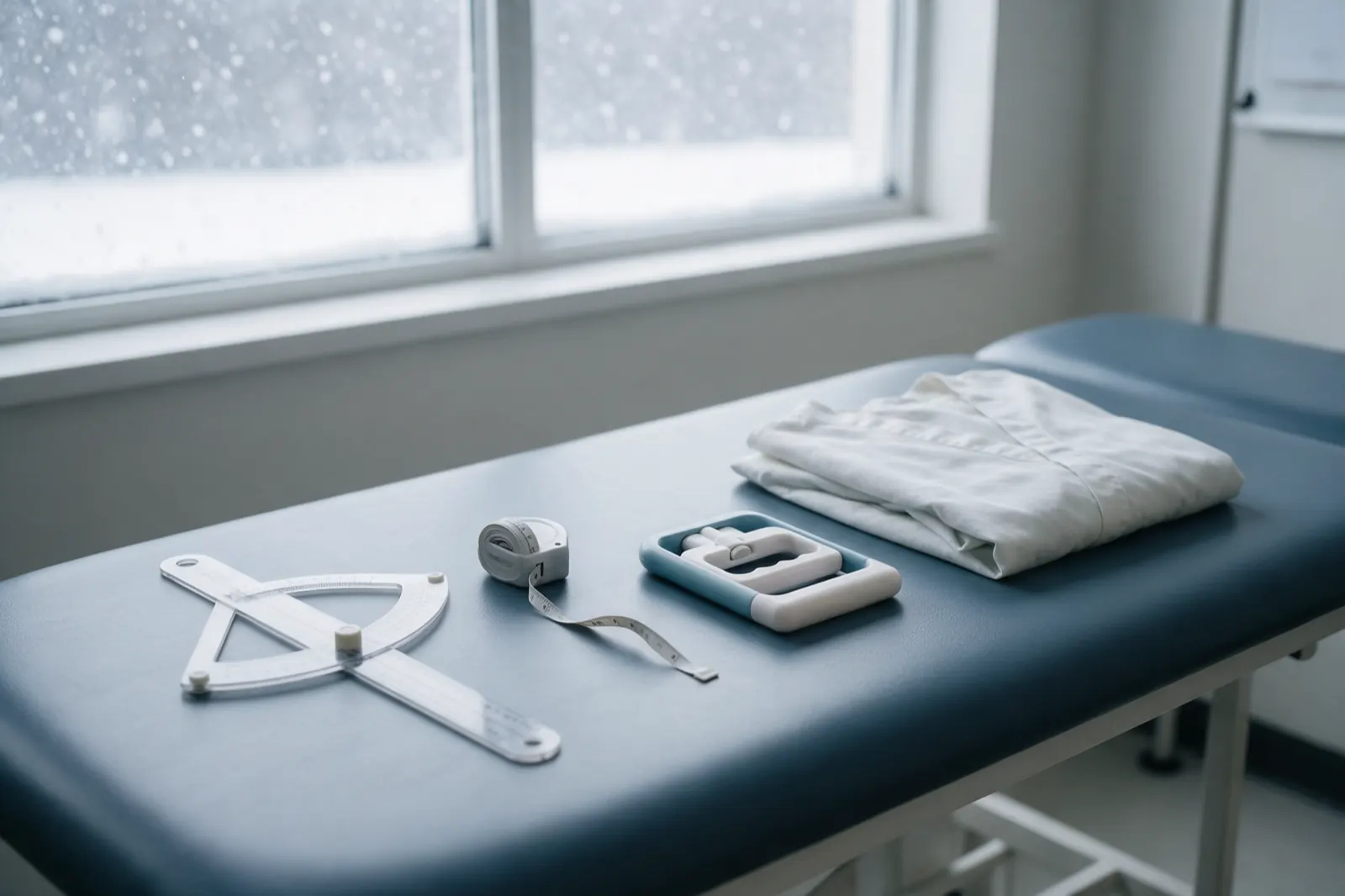 A clinic corridor stands empty, an open door showing the corner of an examination table beyond.