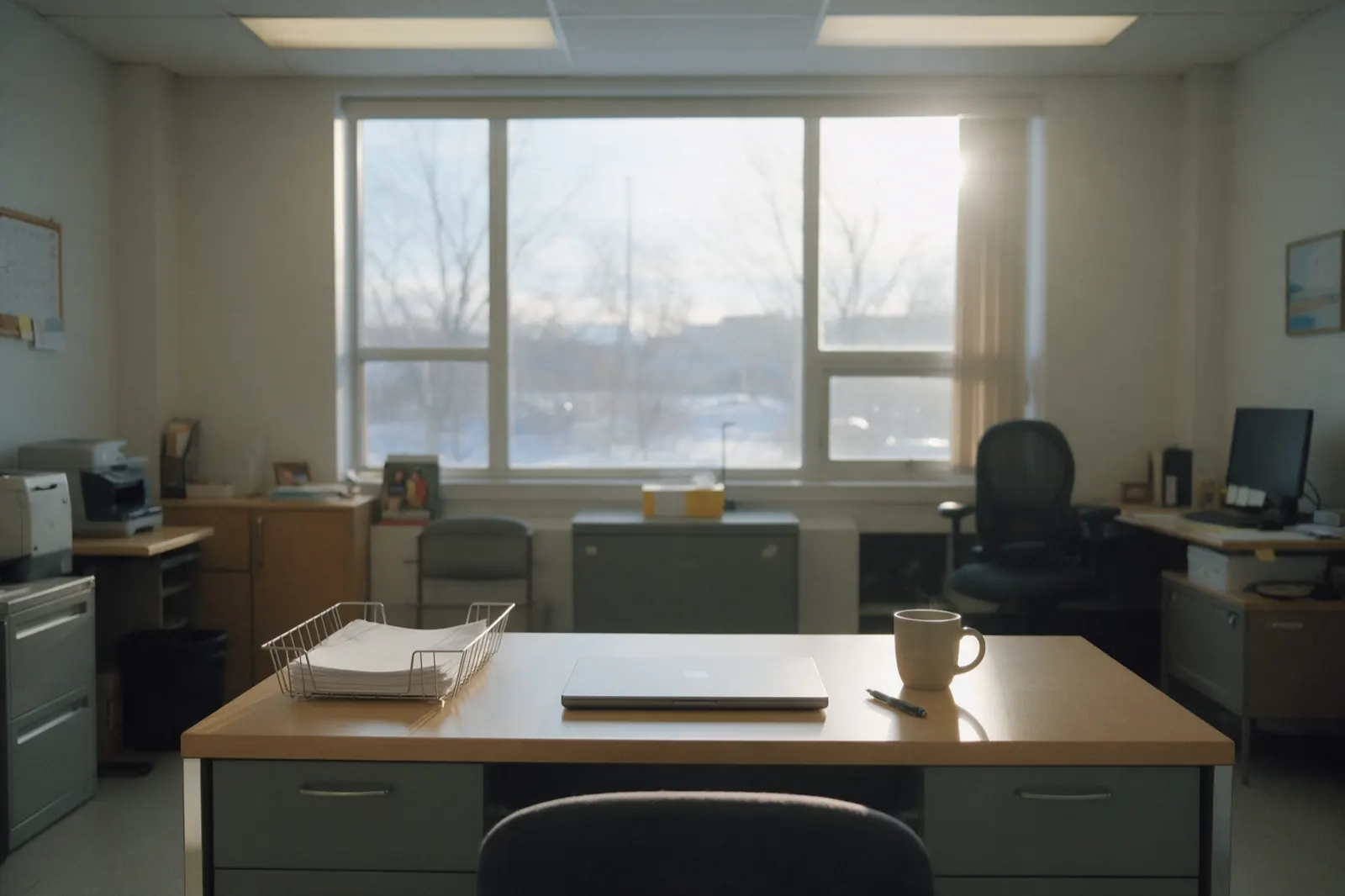 A tidy desk waits between tasks: a closed laptop, a wire tray of paper, a mug and a pen, nobody present.