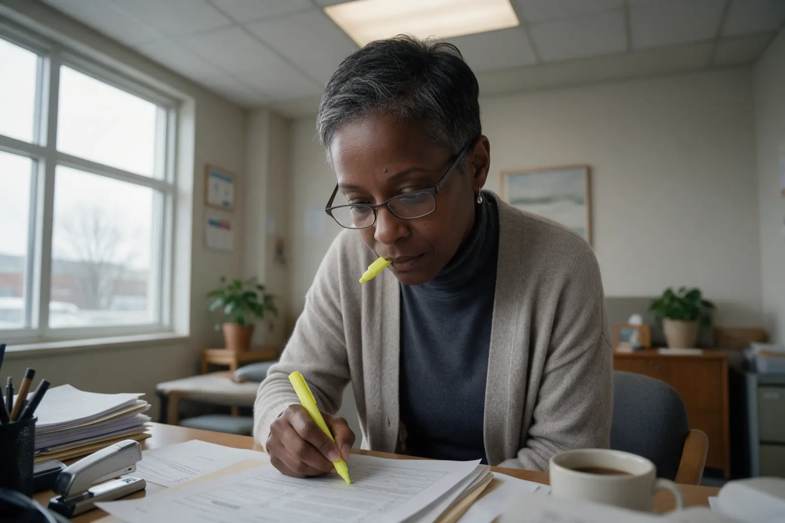 An examiner sits marking a printed page with a highlighter, the cap held in their teeth.
