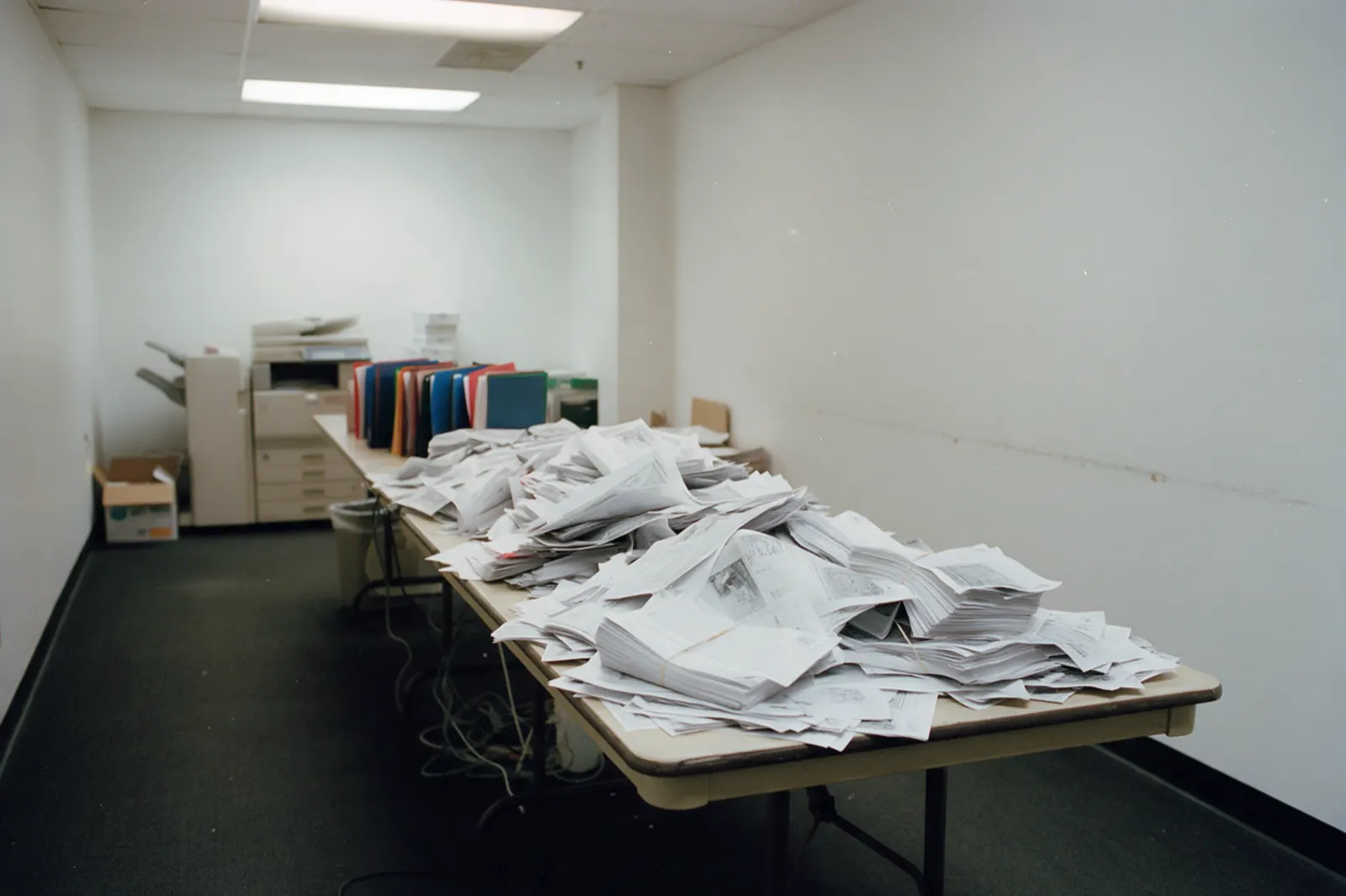 A long folding table is covered with a collapsed heap of loose photocopies, some still in a burst elastic, fax-creased, punch-holed, dog-eared. Two adult hands are lifting a....