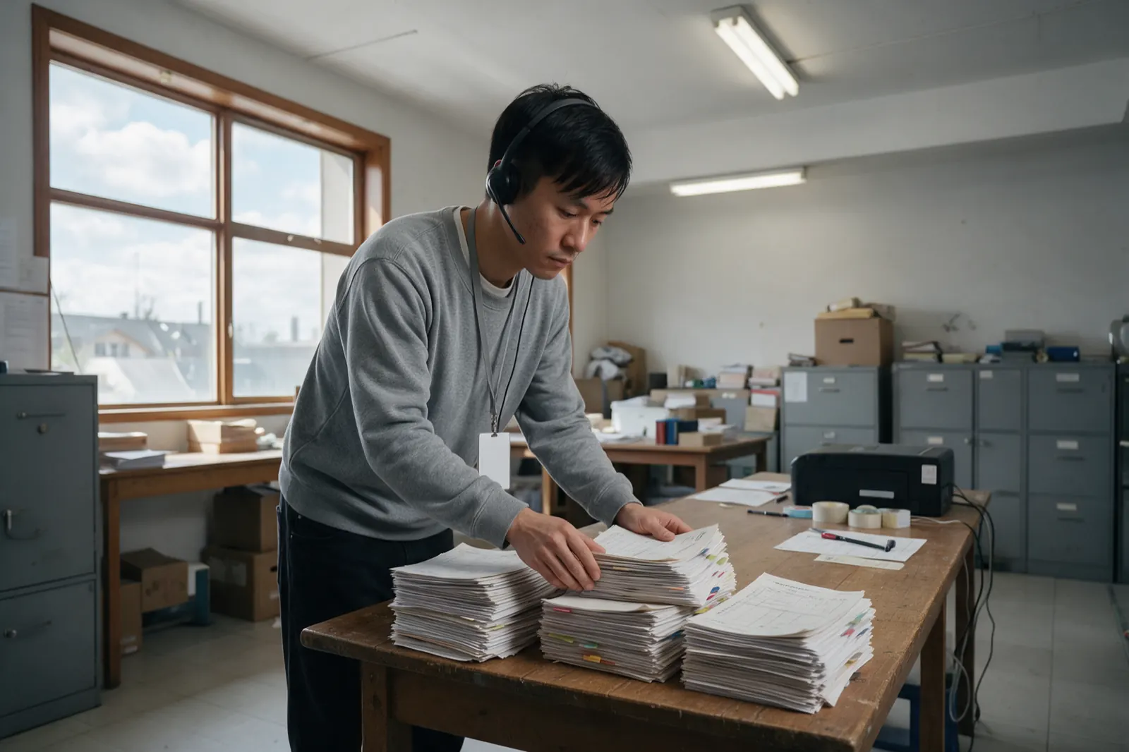 A coordinator squares up four uneven stacks of tabbed records along the edge of a long table, counting them.